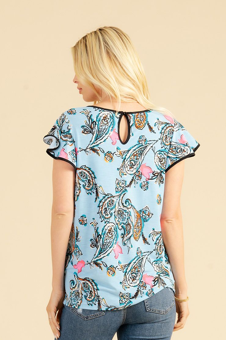 "Bishop" Paisley Keyhole Design Ruffle Cap Sleeve