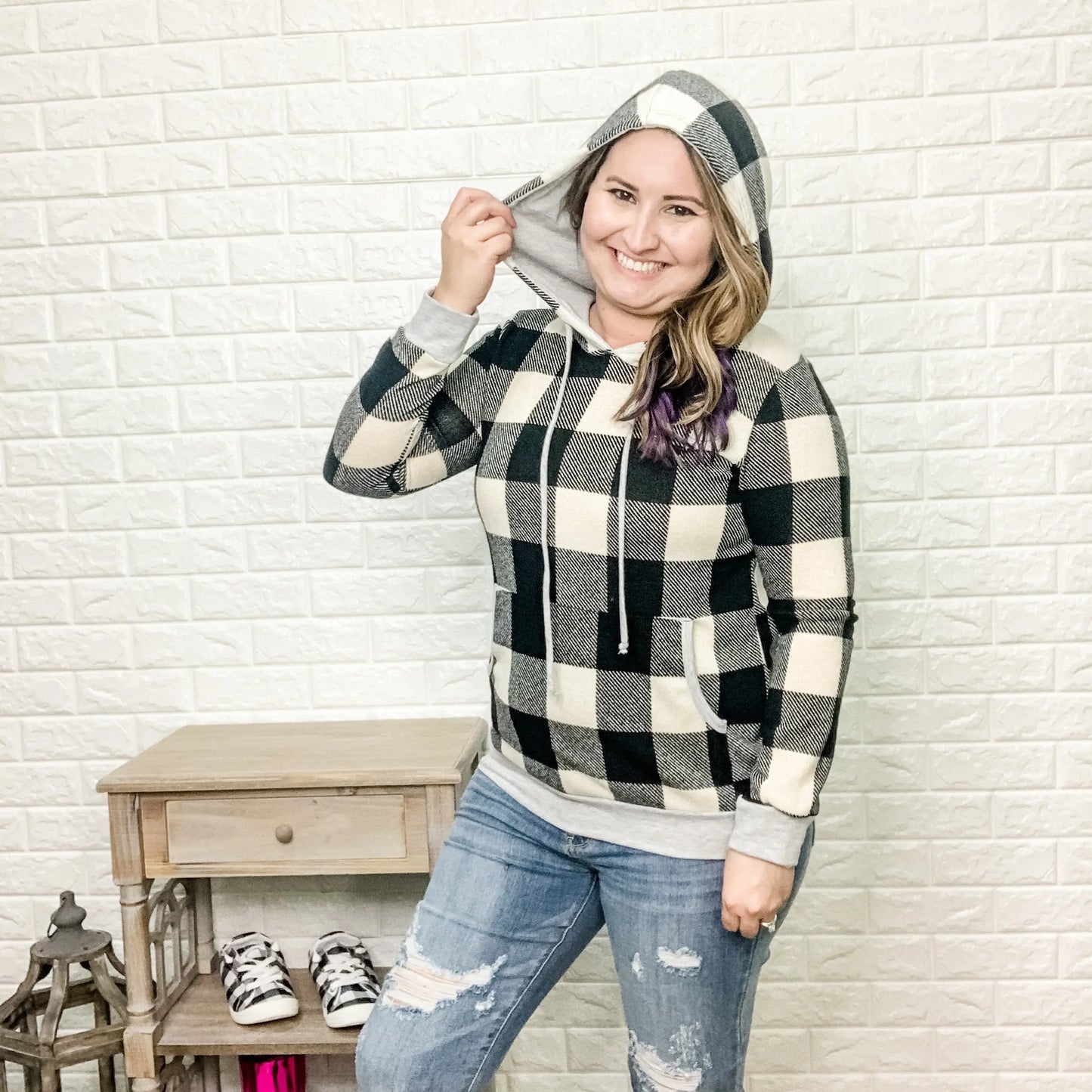 Black & Ivory Plaid Hoodie-Lola Monroe Boutique