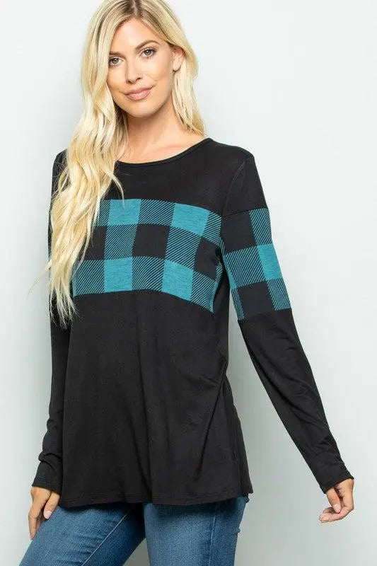 Black & Teal Plaid Long Sleeve Tunic