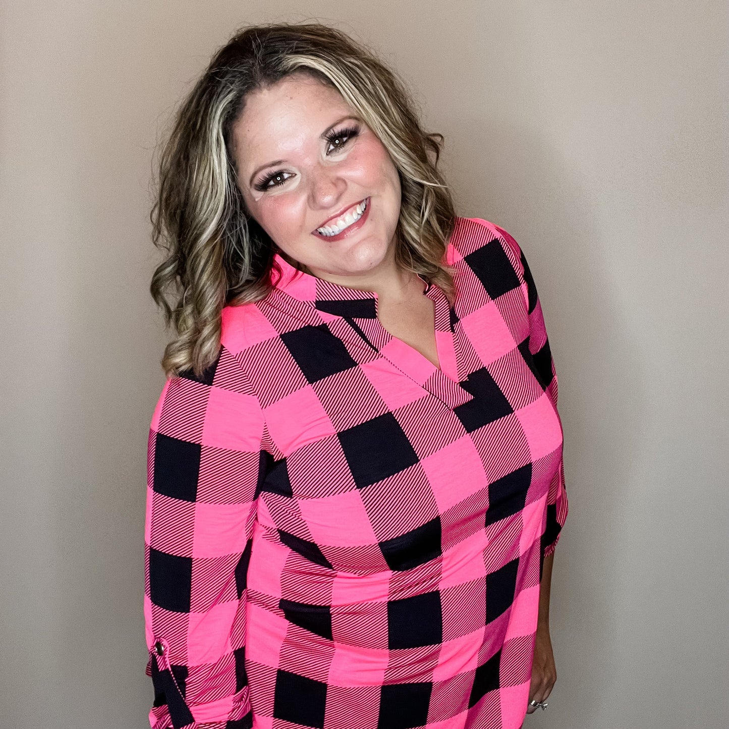 "Blindsided" Plaid Lizzy 3/4 Sleeve Split Neck (Black and Pink)