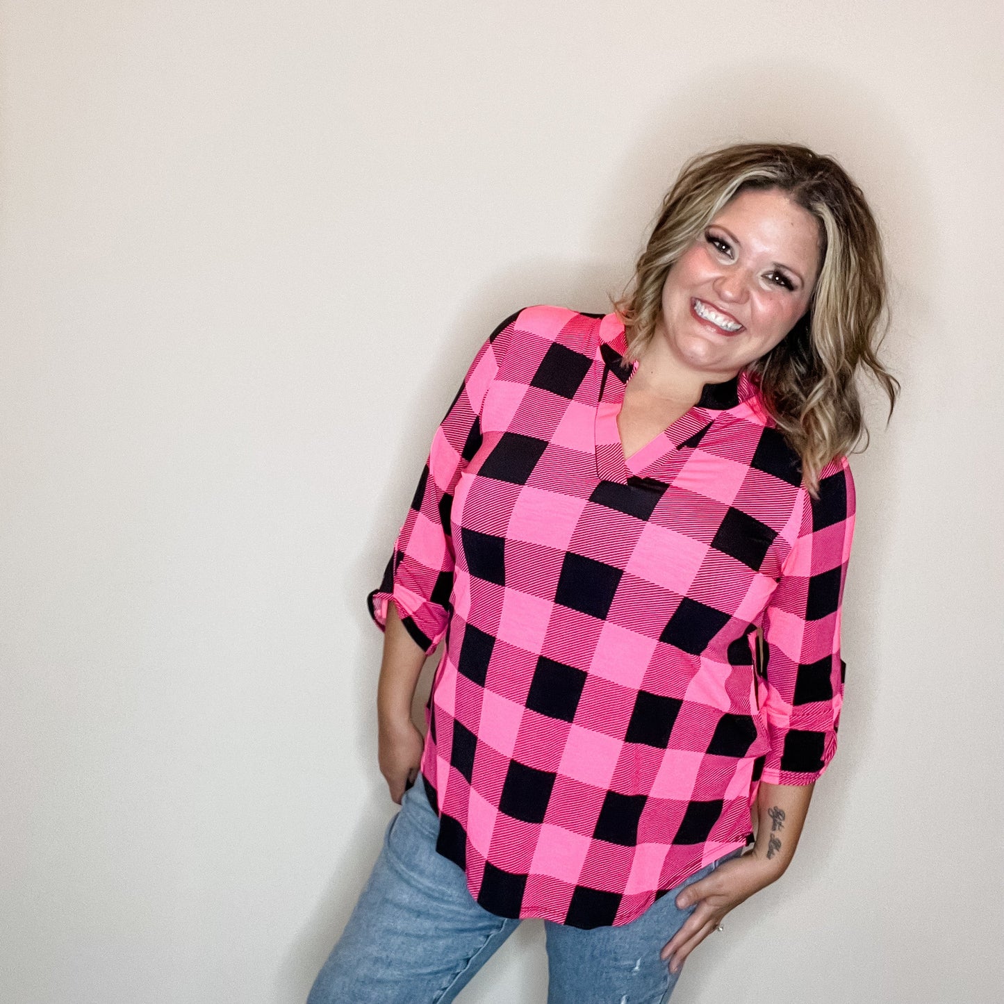 "Blindsided" Plaid Lizzy 3/4 Sleeve Split Neck (Black and Pink)
