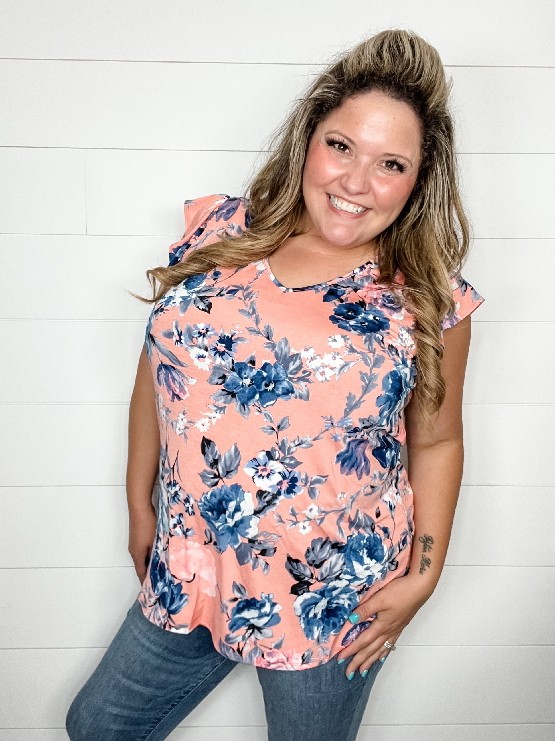 "Bowen" Floral Ruffle Cap U Neck