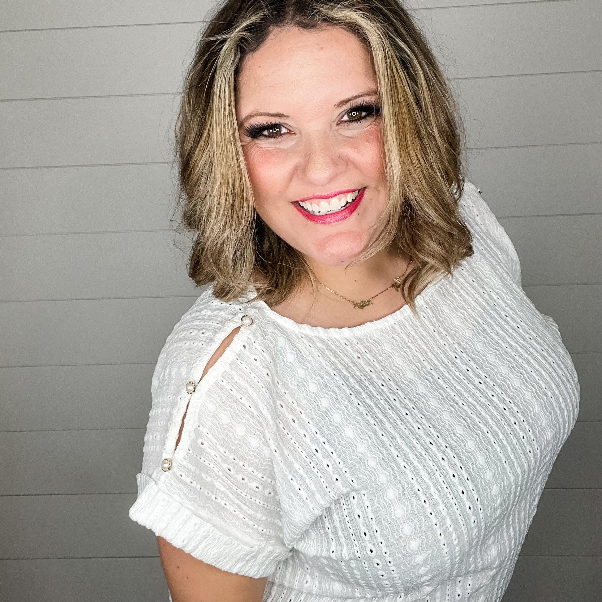 "Brace Yourself" Shoulder Button Detail with Cuffed Sleeves (White)