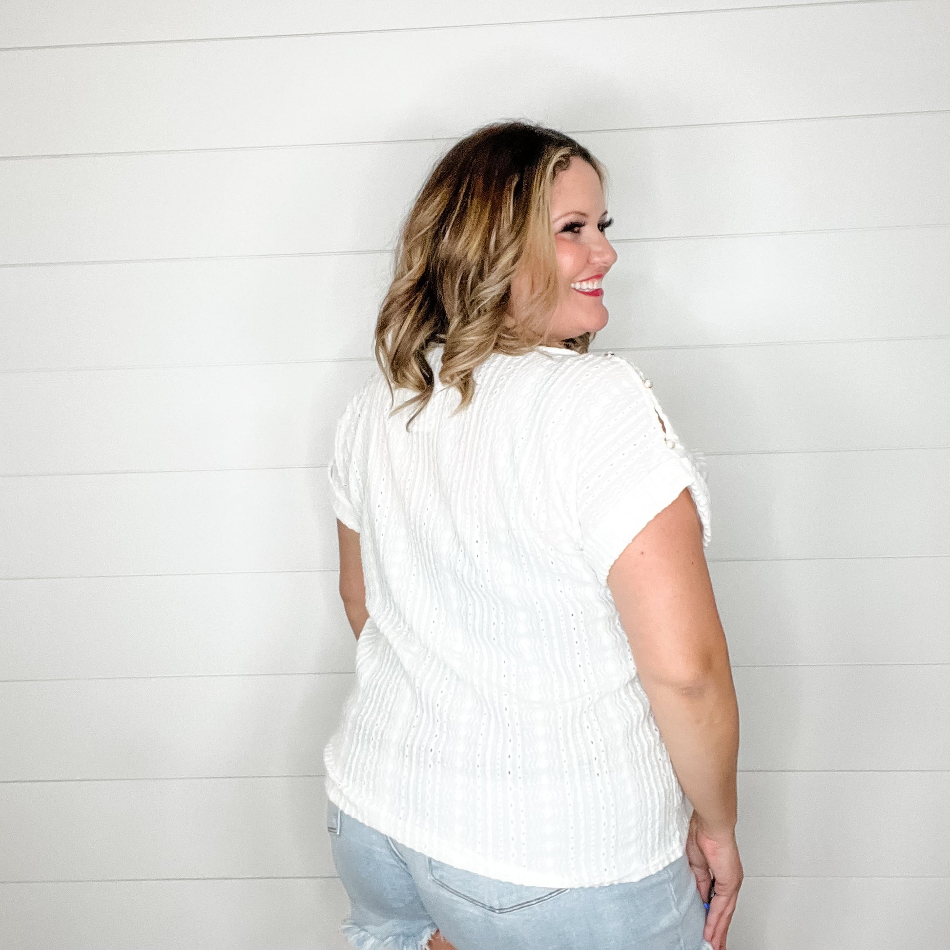 "Brace Yourself" Shoulder Button Detail with Cuffed Sleeves (White)