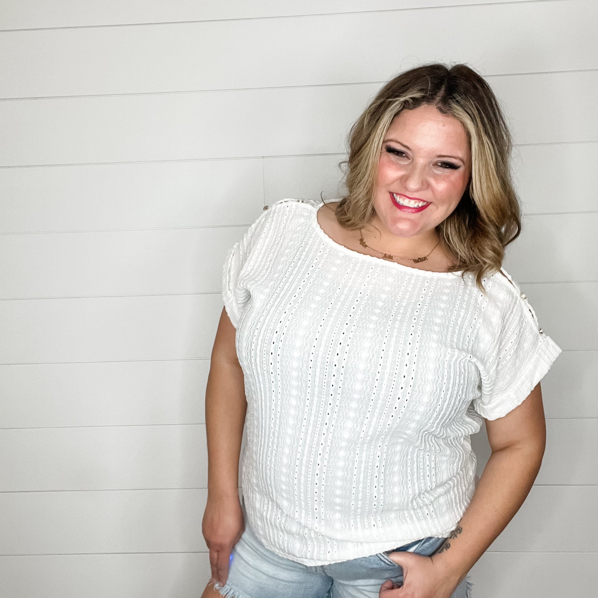 "Brace Yourself" Shoulder Button Detail with Cuffed Sleeves (White)