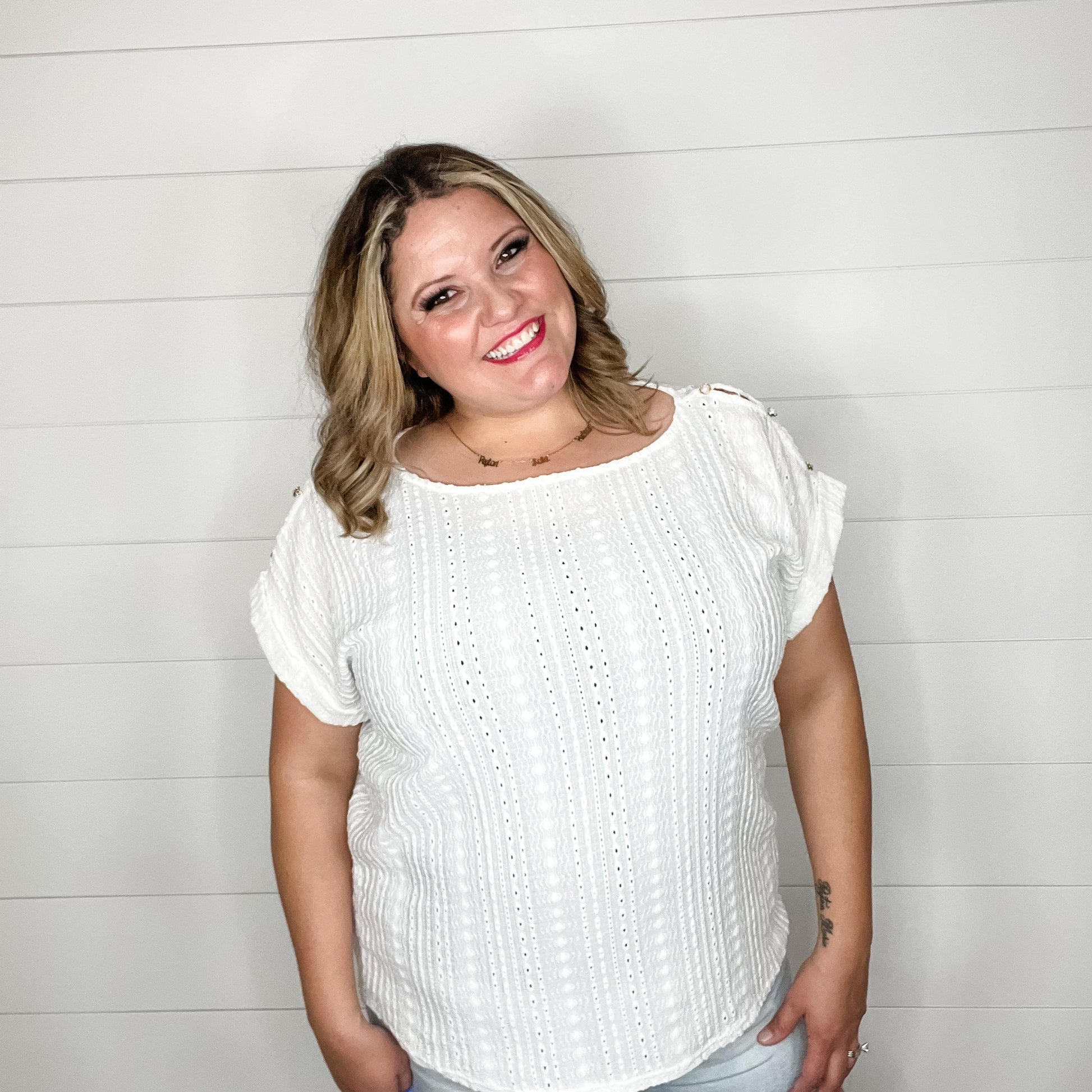 "Brace Yourself" Shoulder Button Detail with Cuffed Sleeves (White)