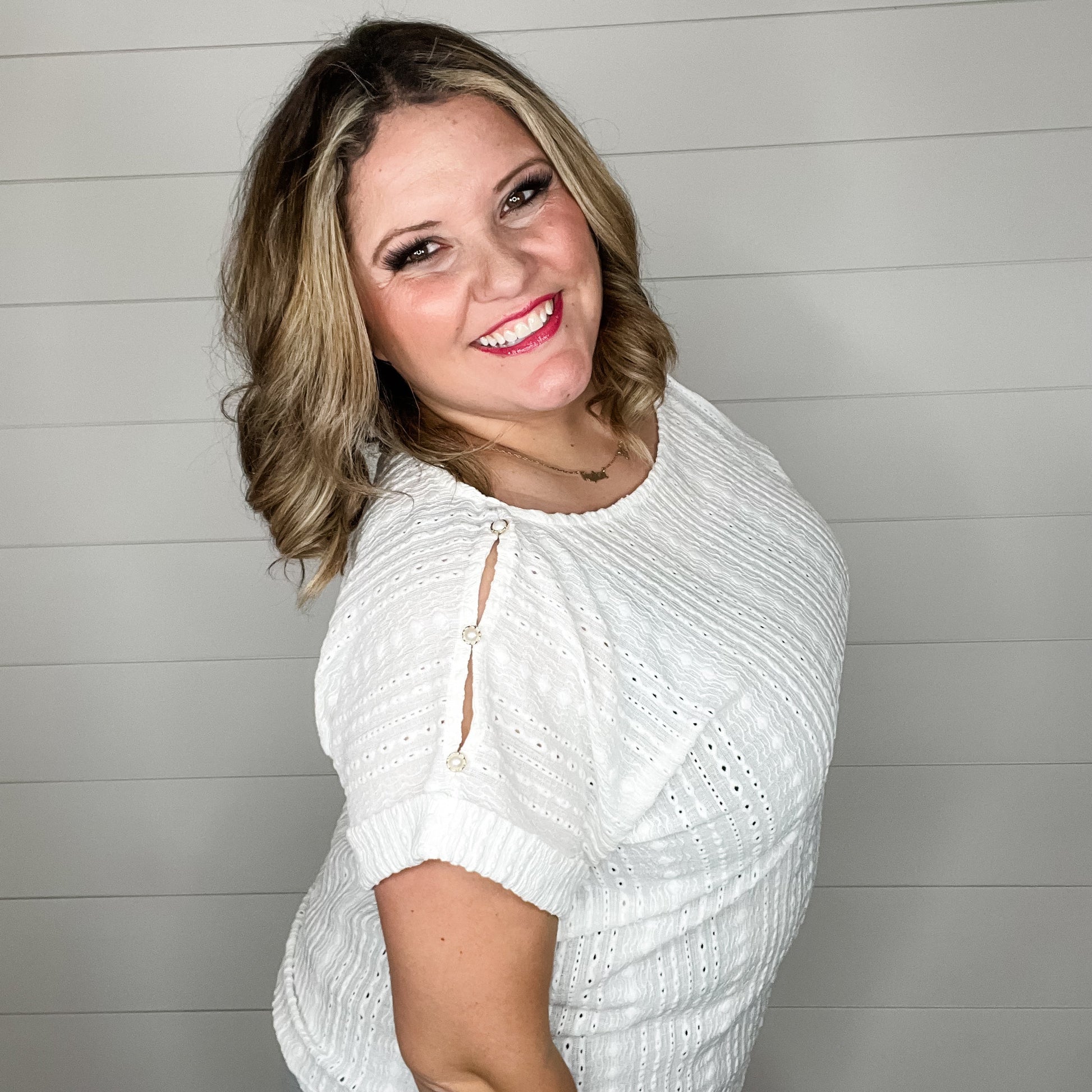 "Brace Yourself" Shoulder Button Detail with Cuffed Sleeves (White)