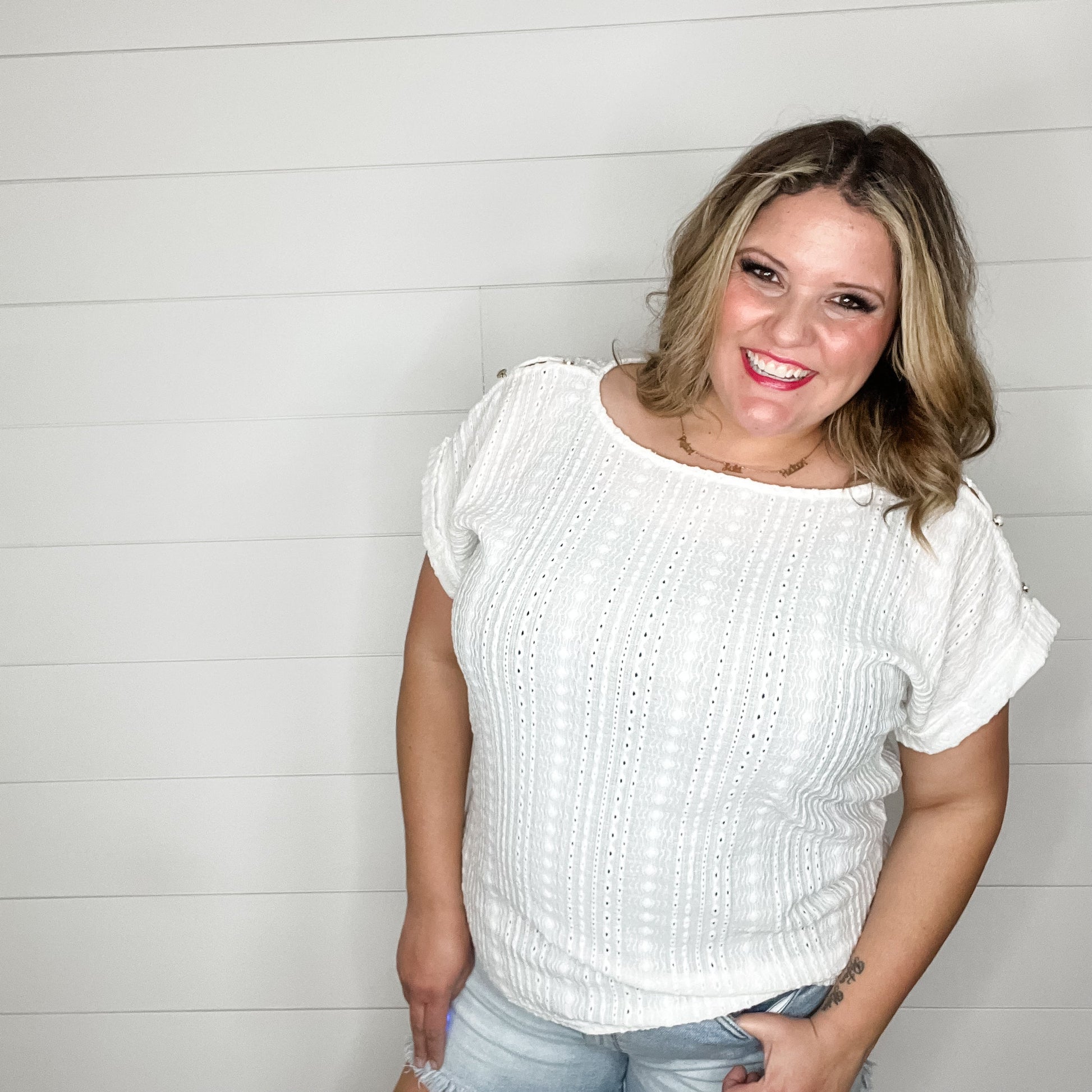 "Brace Yourself" Shoulder Button Detail with Cuffed Sleeves (White)