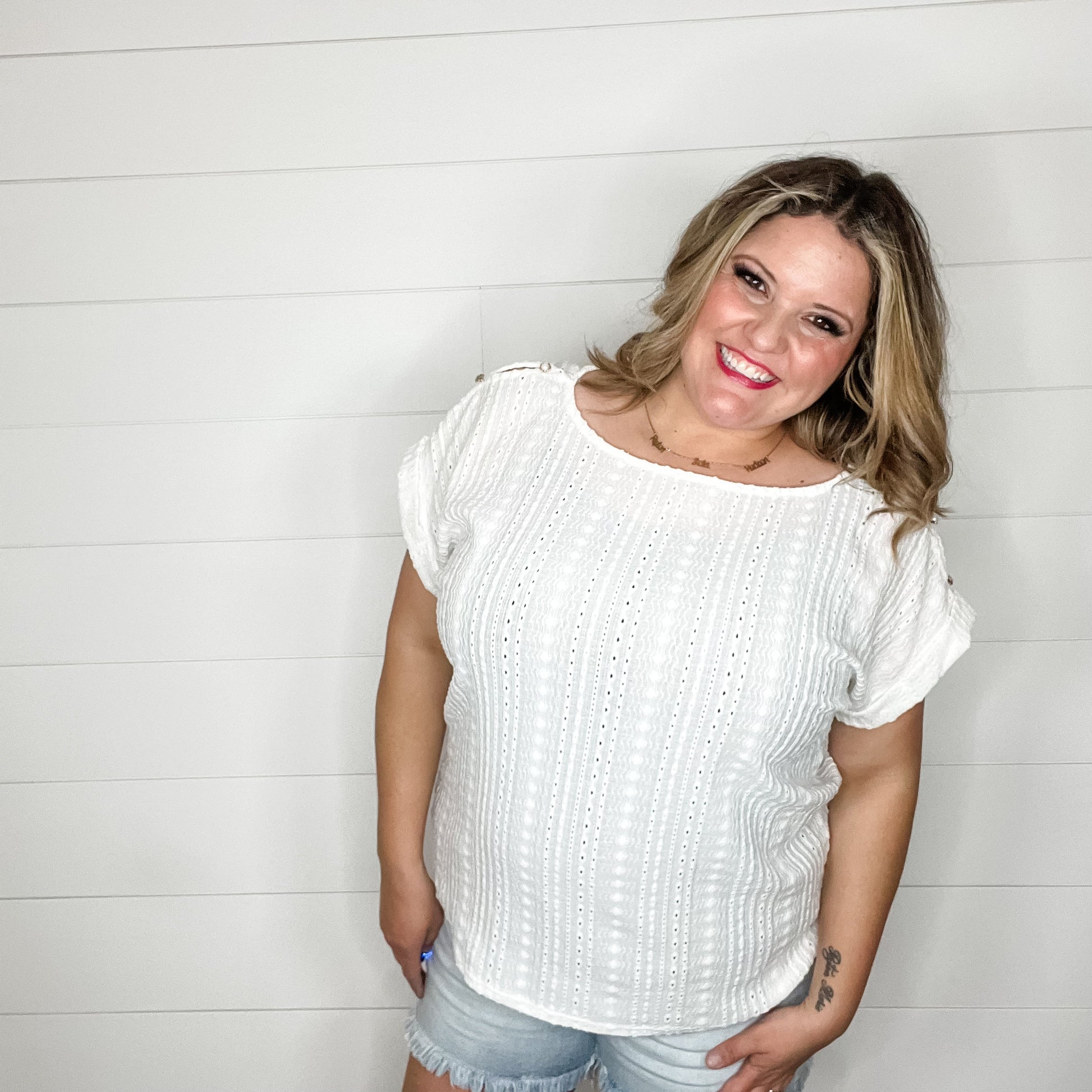 "Brace Yourself" Shoulder Button Detail with Cuffed Sleeves (White)