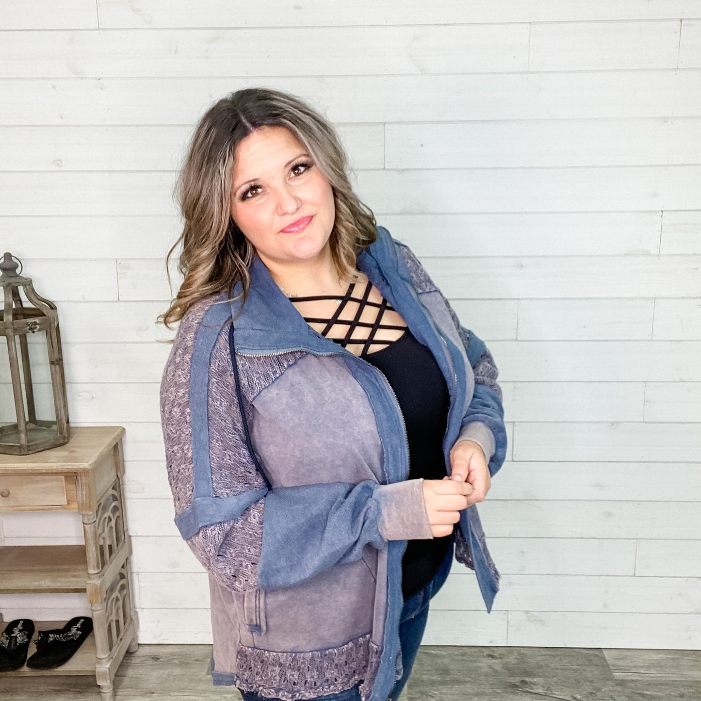 "Brady" Zip Up French Terry Sweatshirt with Crochet Detail (Blue & Black)