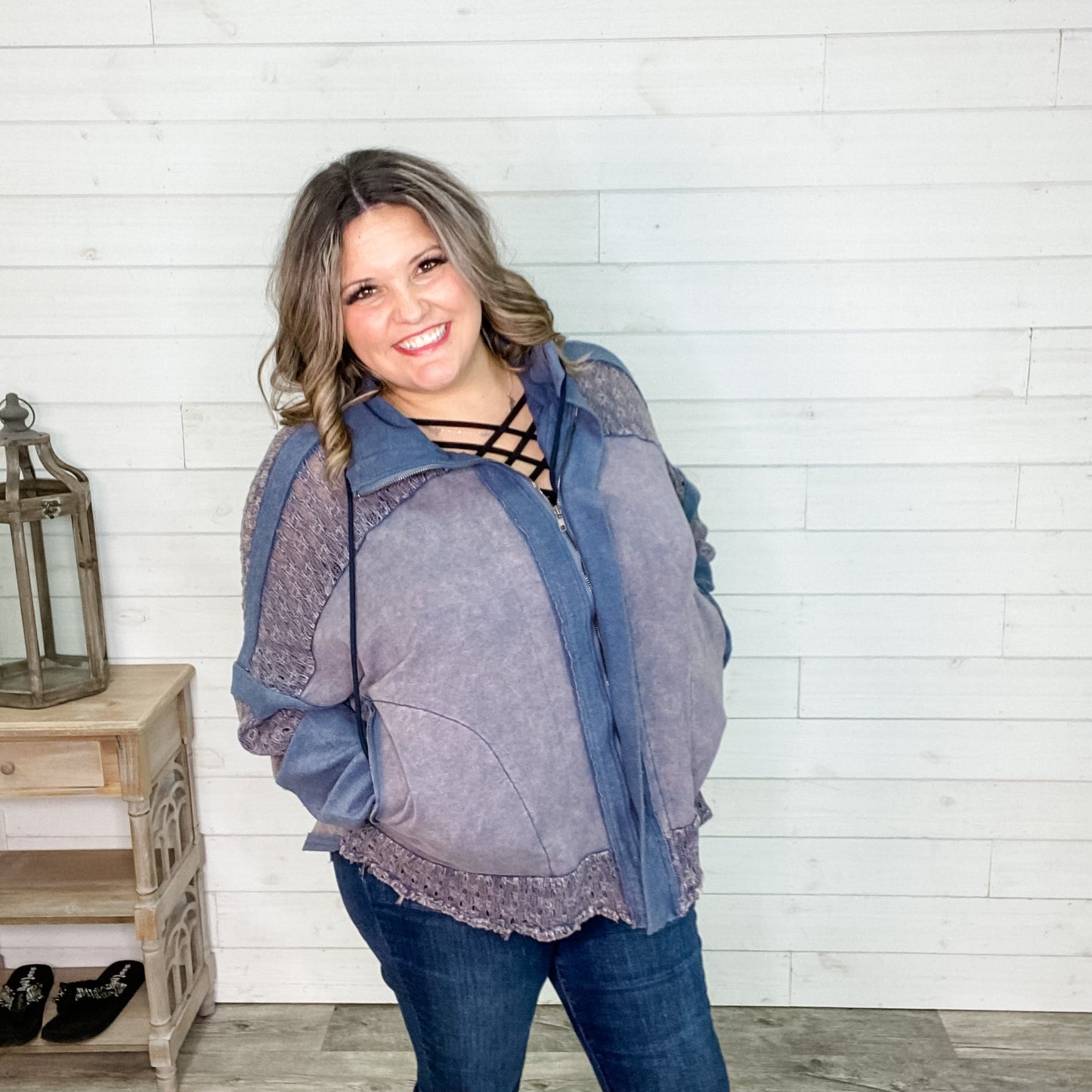 "Brady" Zip Up French Terry Sweatshirt with Crochet Detail (Blue & Black)
