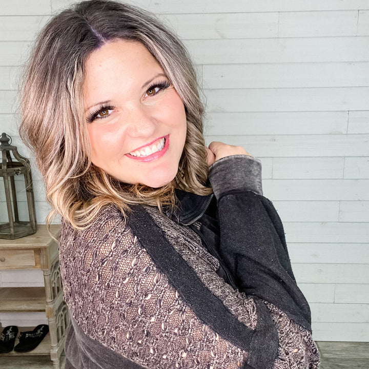 "Brady" Zip Up French Terry Sweatshirt with Crochet Detail (Blue & Black)