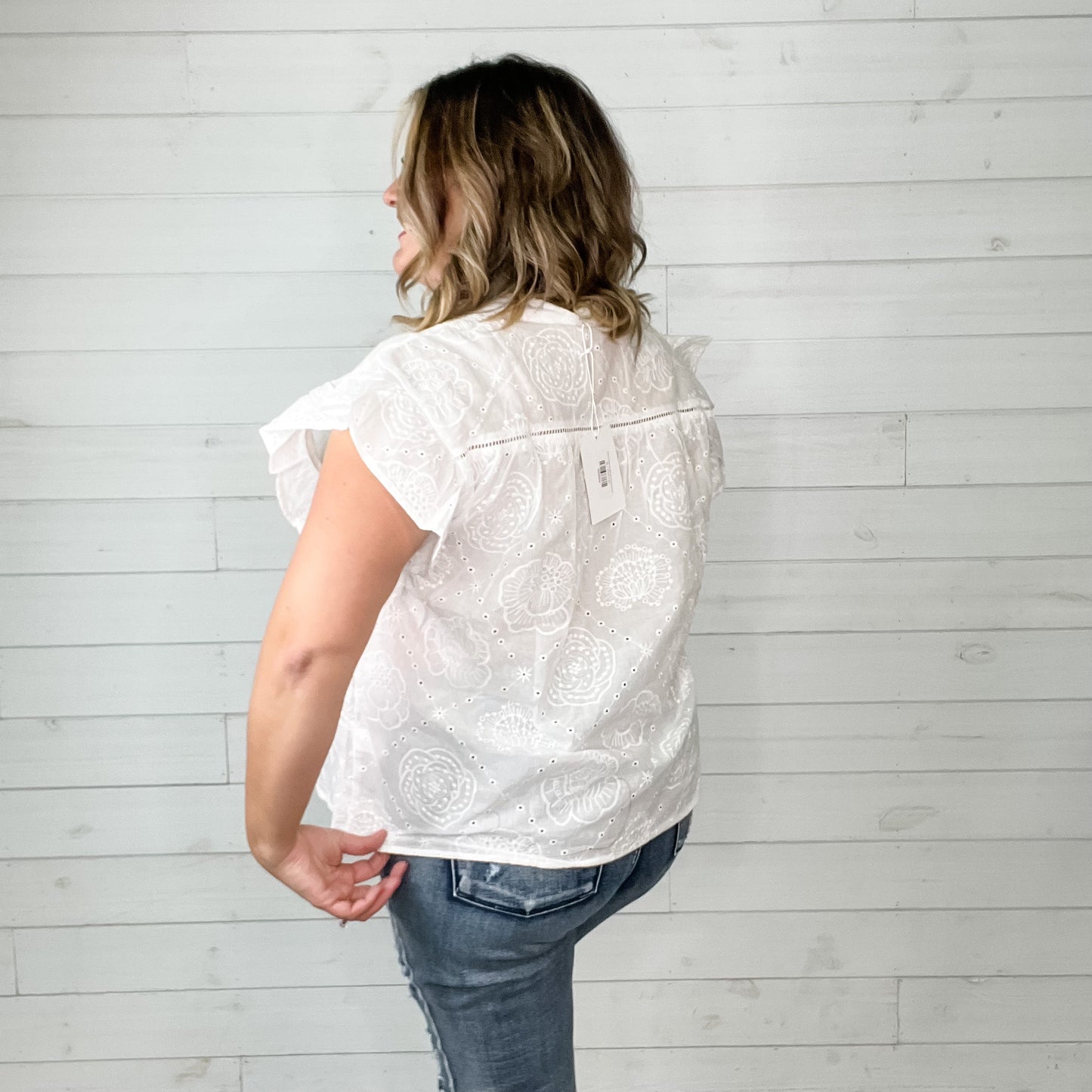 "Breeze" Ruffle Cap Split Neck with Eyelet Detail