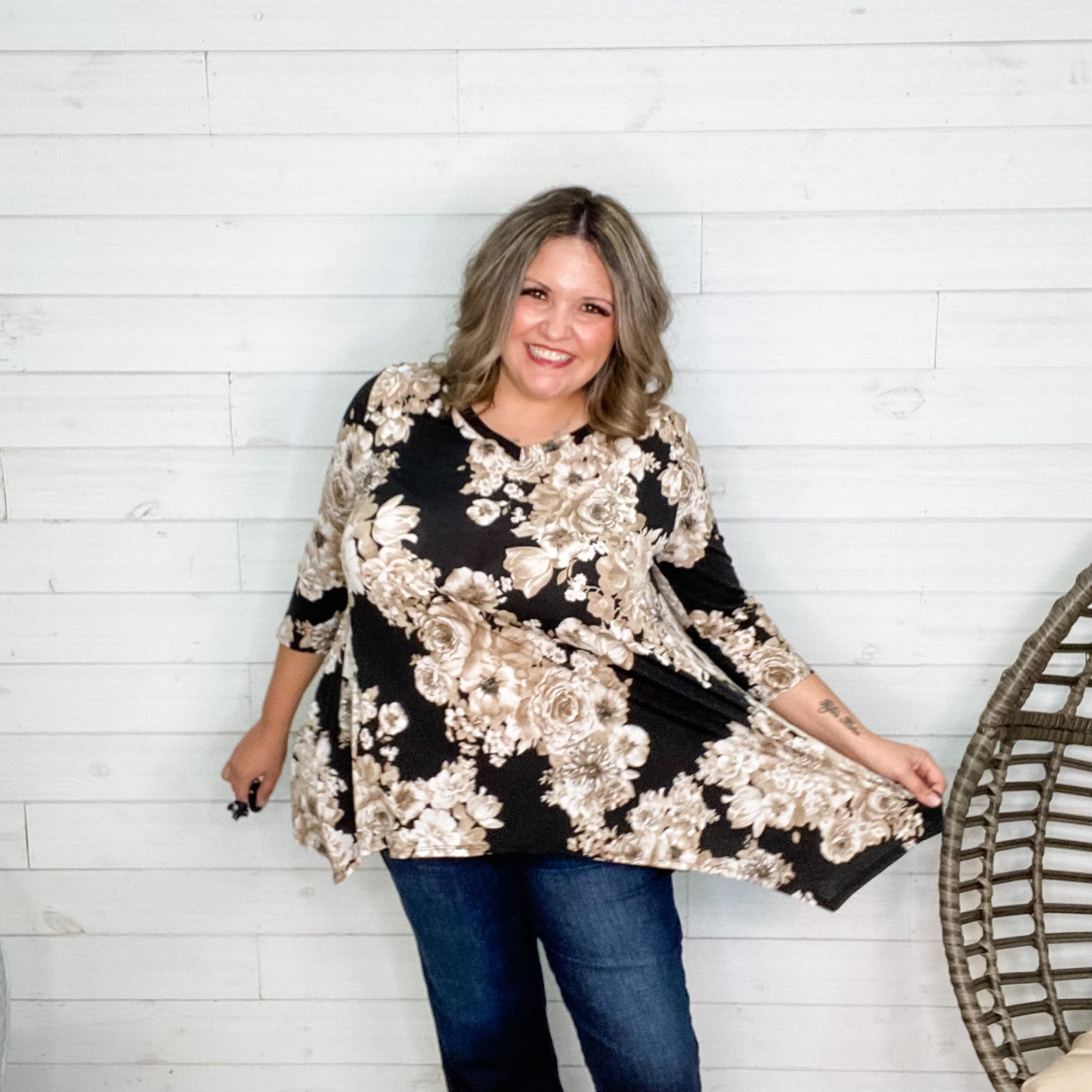 "Brielle" Floral 3/4 Sleeve V Neck with Shark Bite Hem