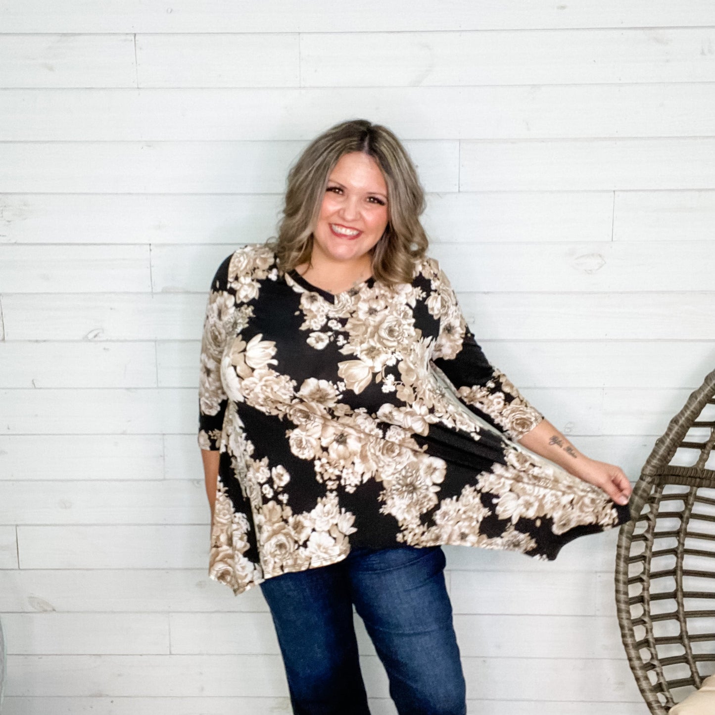 "Brielle" Floral 3/4 Sleeve V Neck with Shark Bite Hem