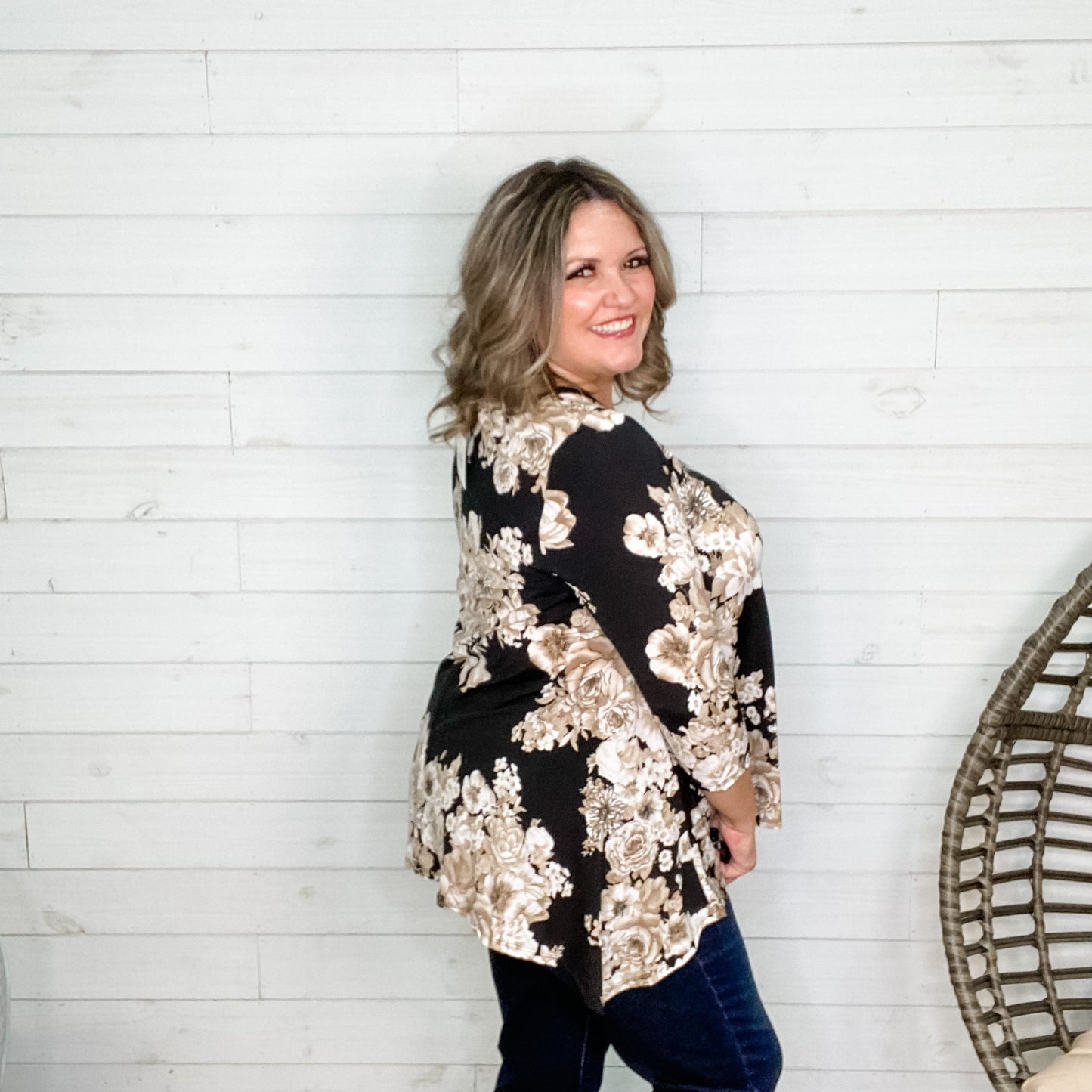 "Brielle" Floral 3/4 Sleeve V Neck with Shark Bite Hem