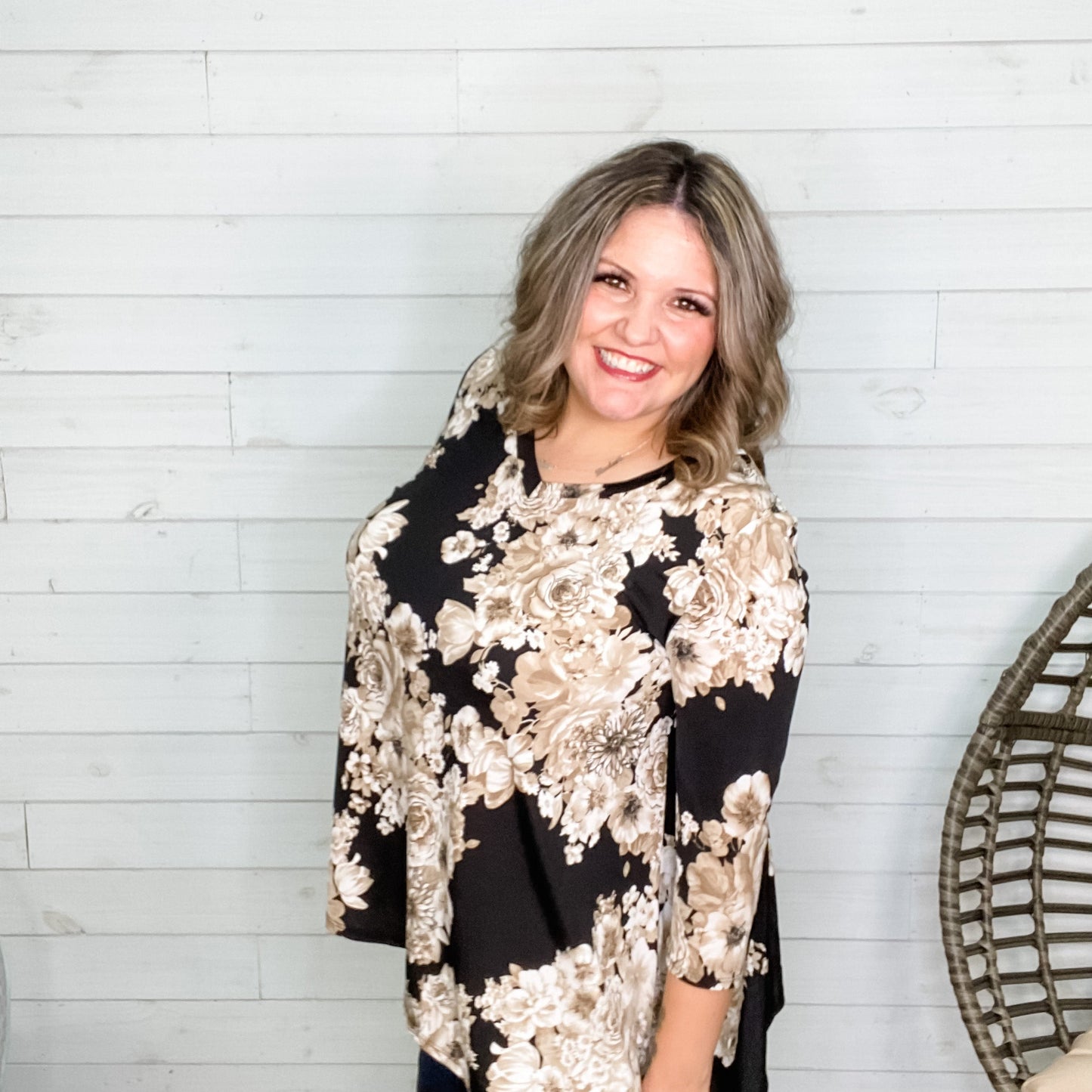 "Brielle" Floral 3/4 Sleeve V Neck with Shark Bite Hem