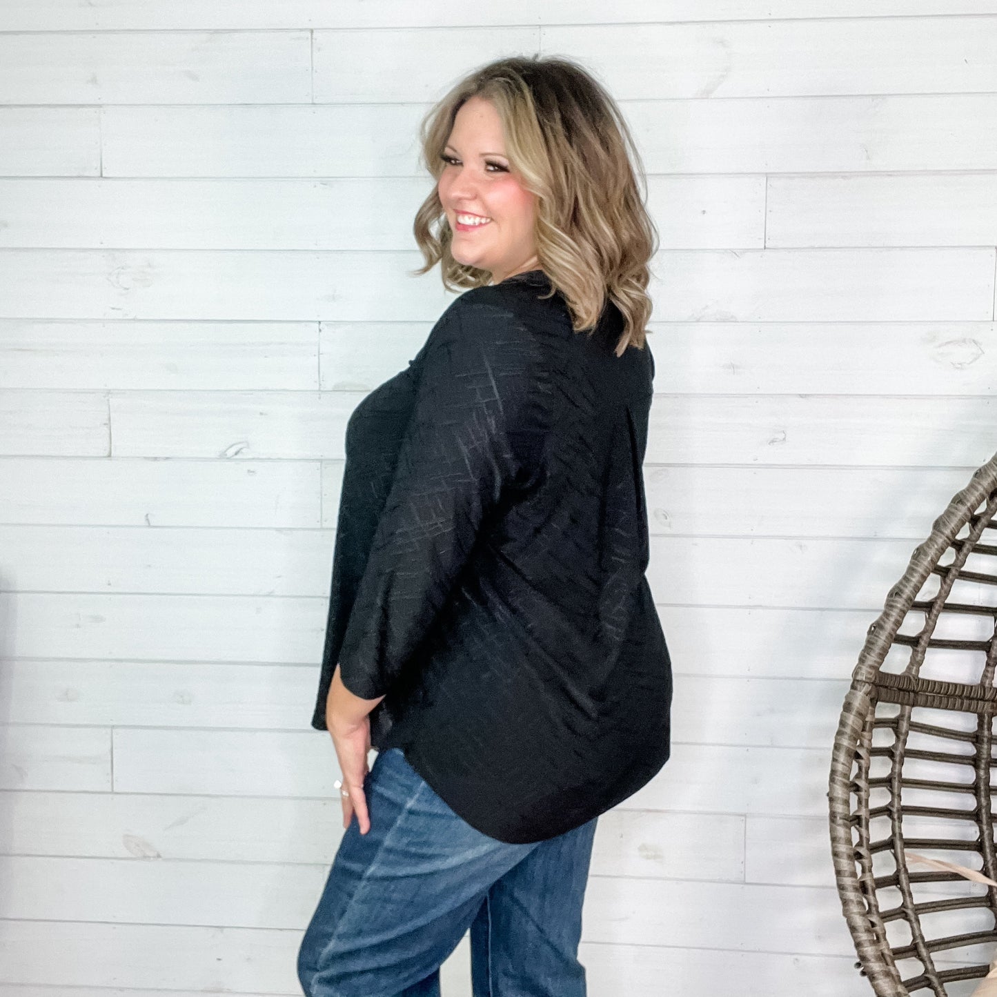 "Brinkley" 3/4 Sleeve Split Neck (Black)