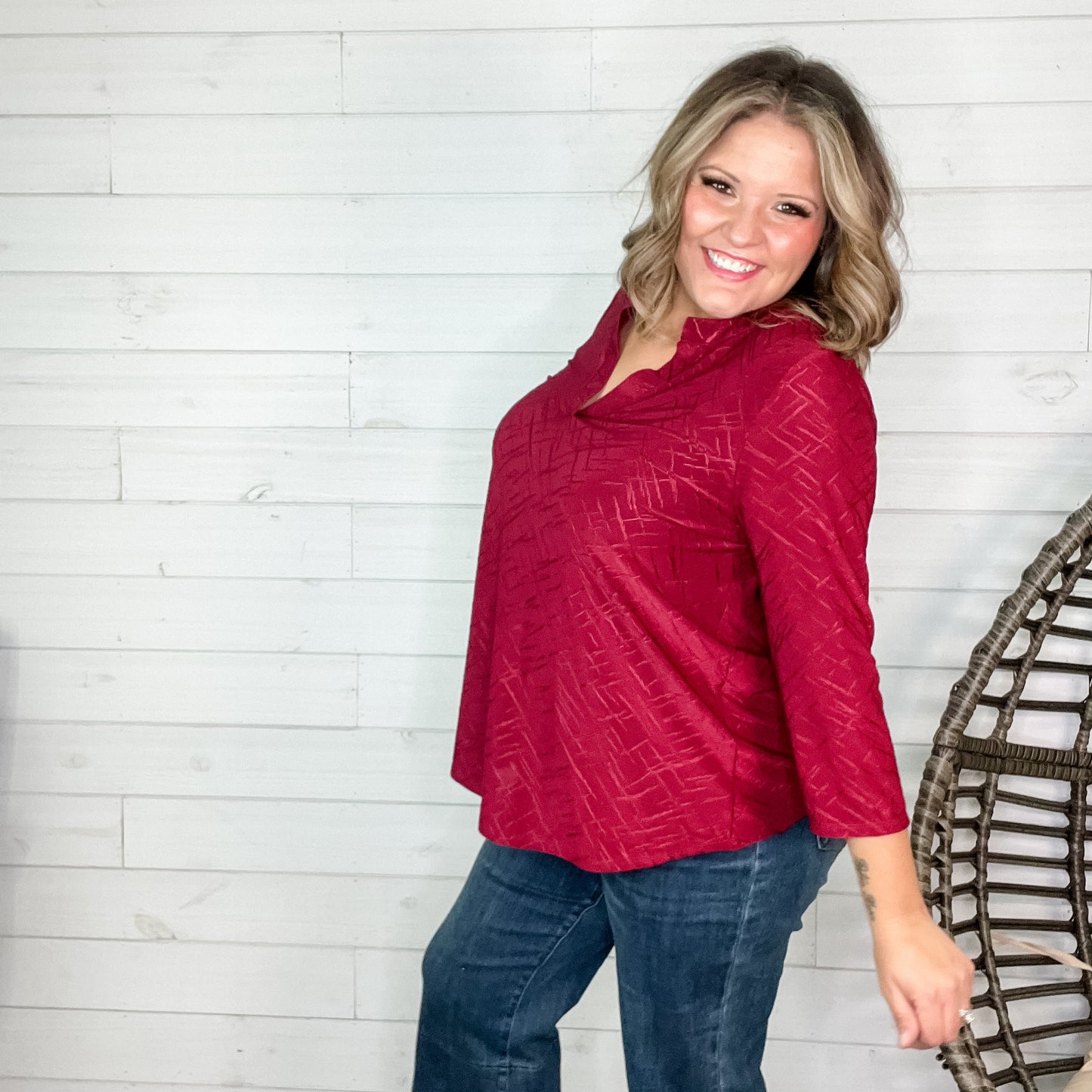 "Brinkley" 3/4 Sleeve Split Neck (Burgundy)