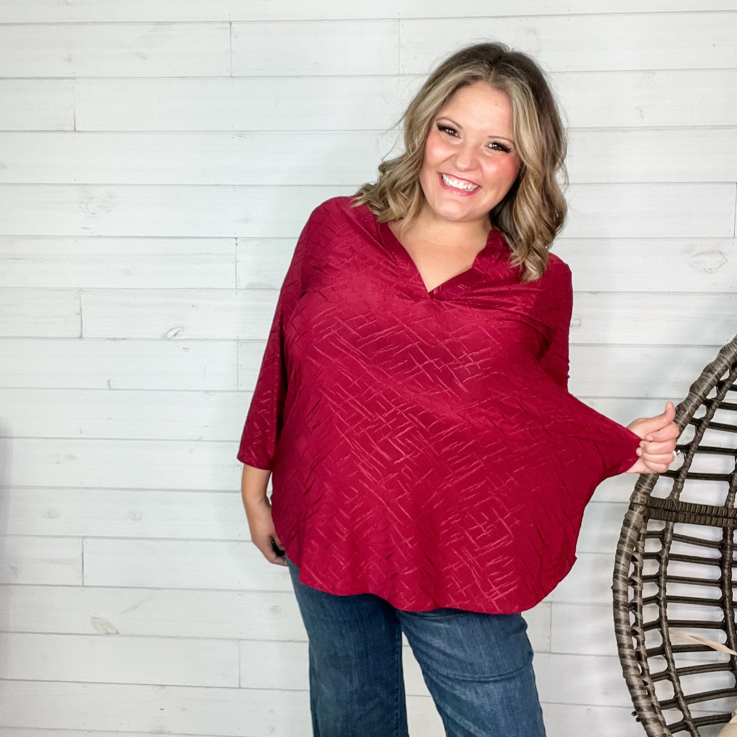 "Brinkley" 3/4 Sleeve Split Neck (Burgundy)