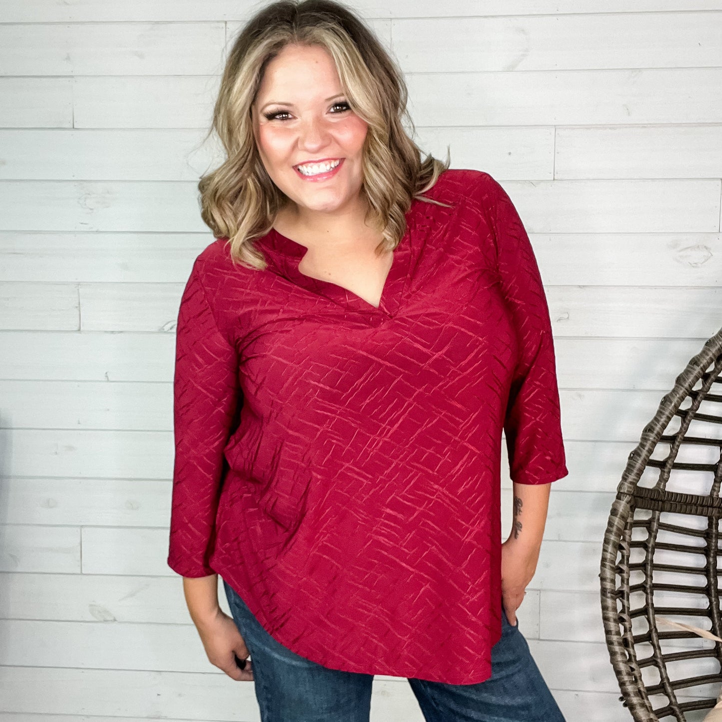 "Brinkley" 3/4 Sleeve Split Neck (Burgundy)