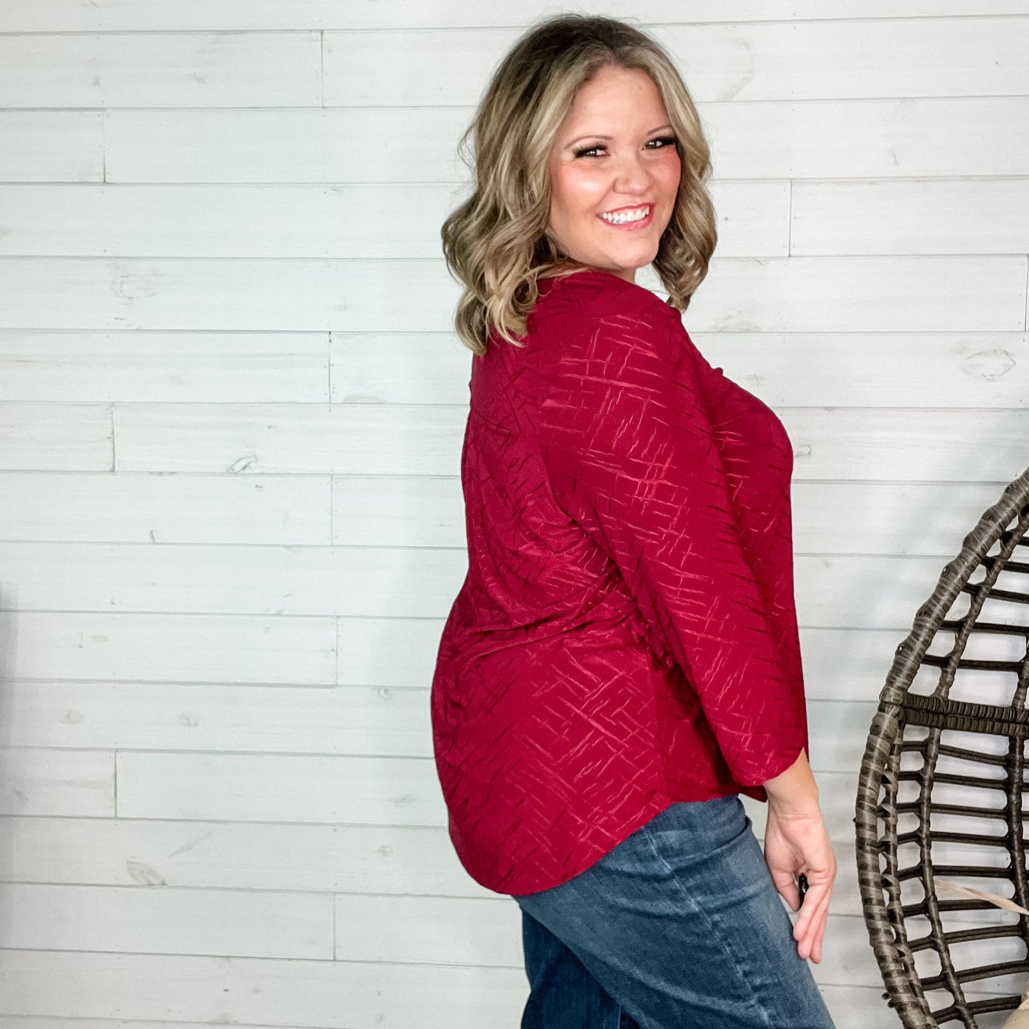 "Brinkley" 3/4 Sleeve Split Neck (Burgundy)
