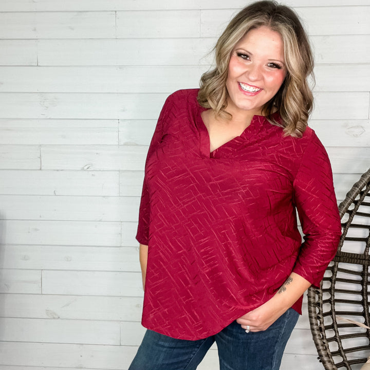 "Brinkley" 3/4 Sleeve Split Neck (Burgundy)