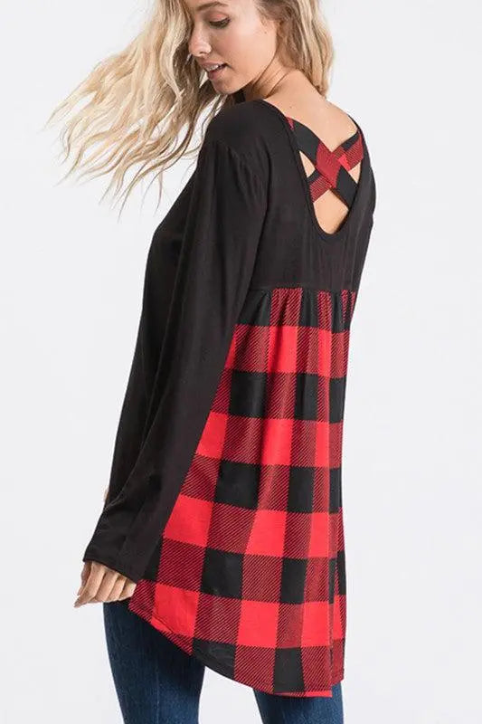 Buffalo Plaid Criss Cross Back Design Tunic/Top