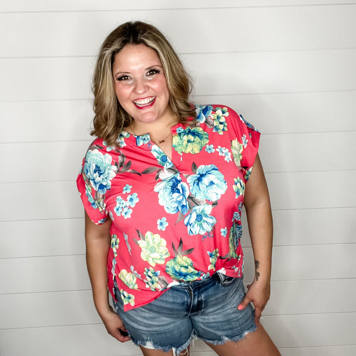 "Cain" Floral Split Neck Cuffed Short Sleeve-Lola Monroe Boutique