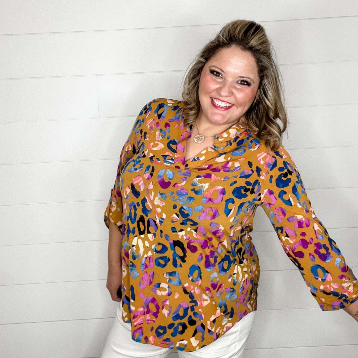 "Cambridge" Animal Print Lizzy 3/4 Sleeve Split Neck