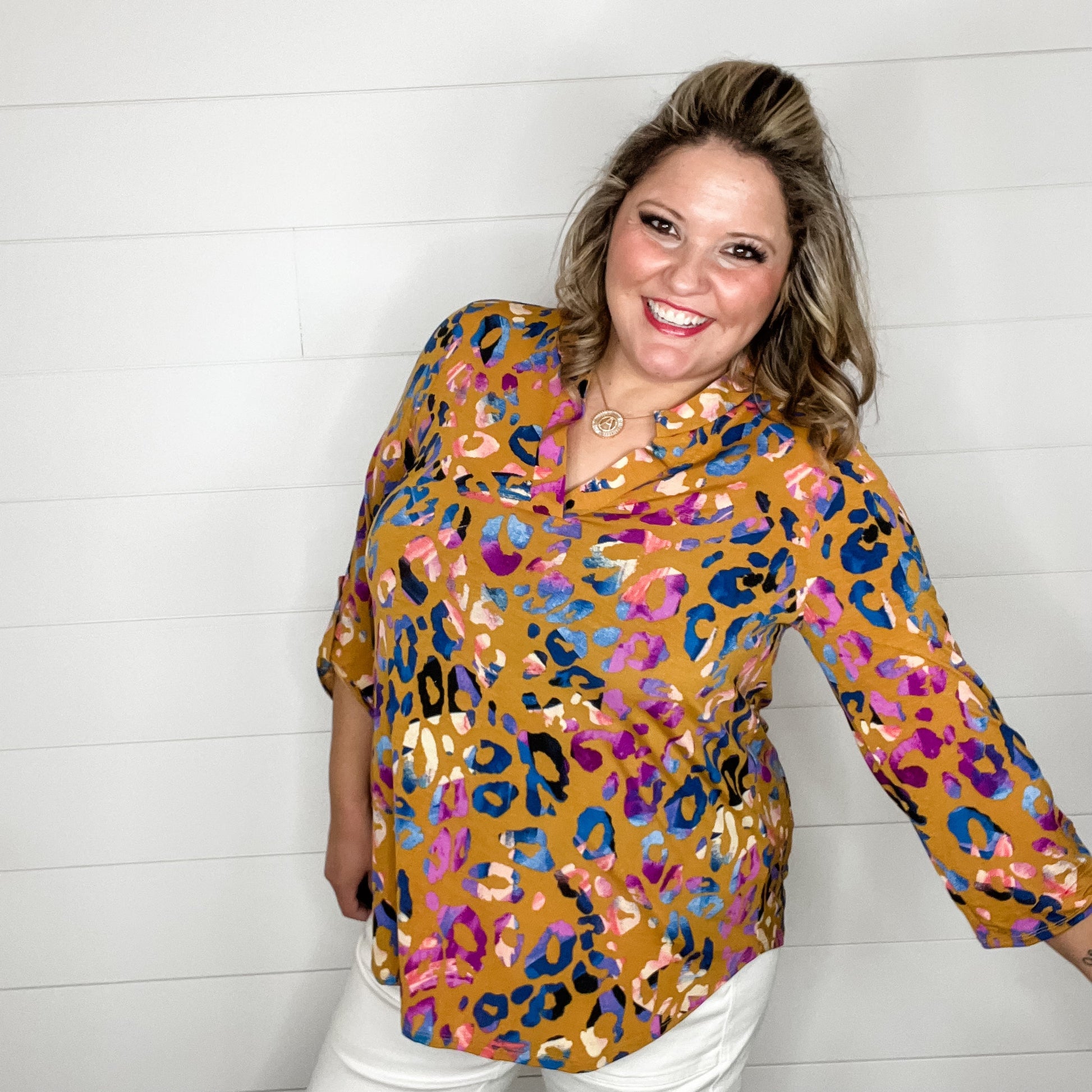 "Cambridge" Animal Print Lizzy 3/4 Sleeve Split Neck