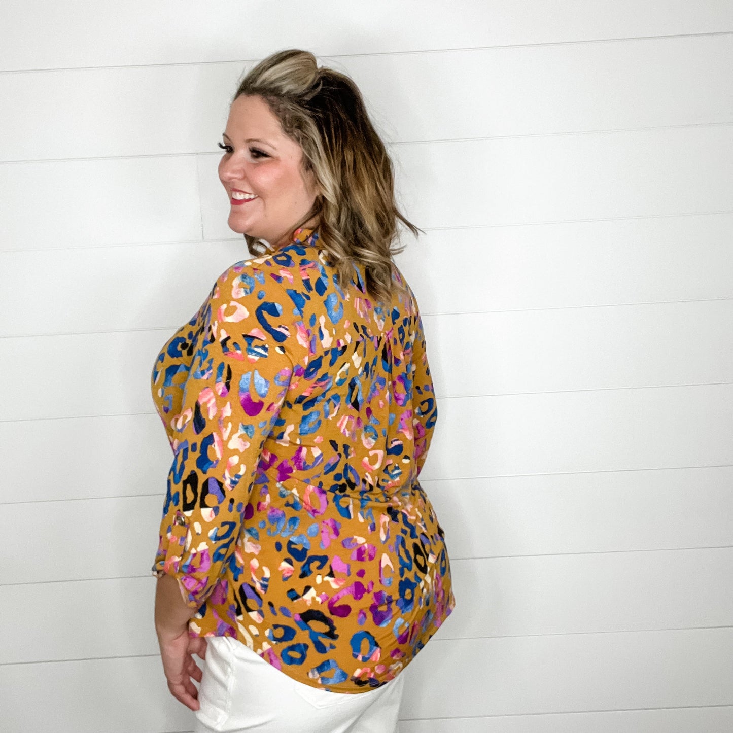 "Cambridge" Animal Print Lizzy 3/4 Sleeve Split Neck