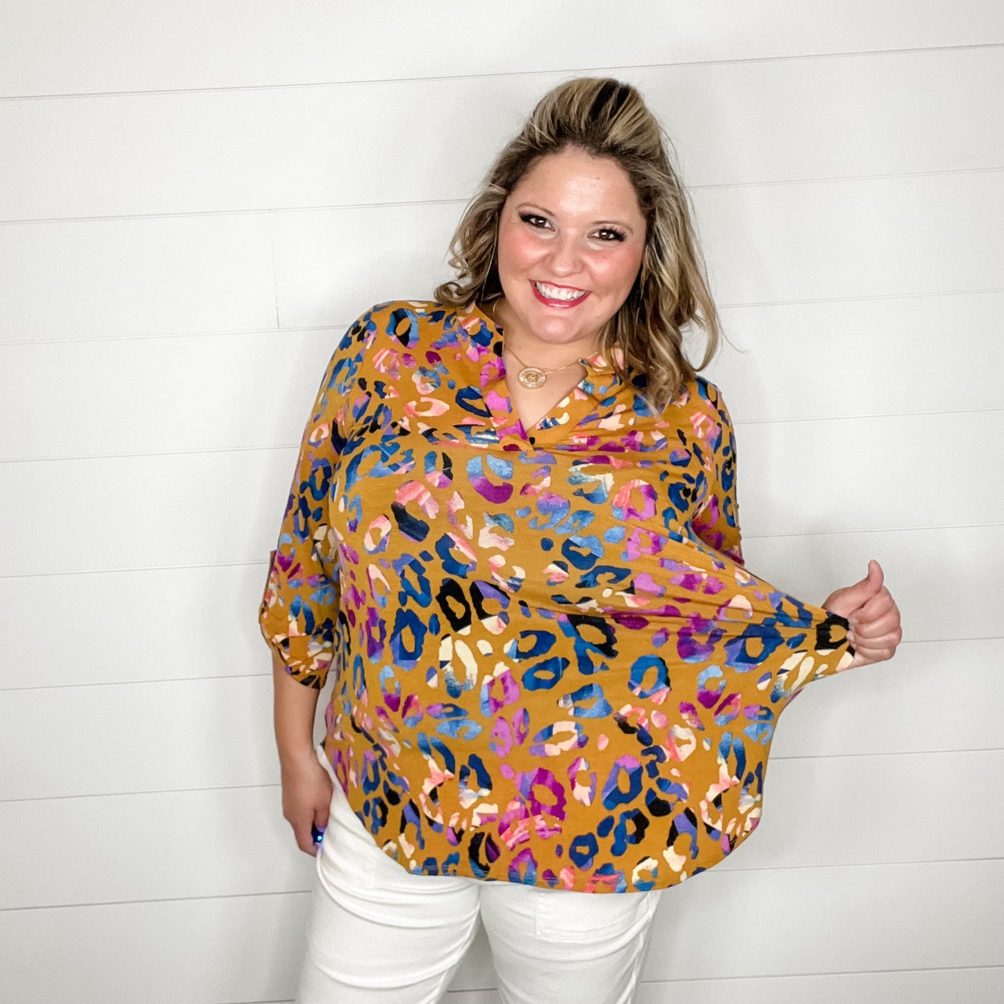 "Cambridge" Animal Print Lizzy 3/4 Sleeve Split Neck