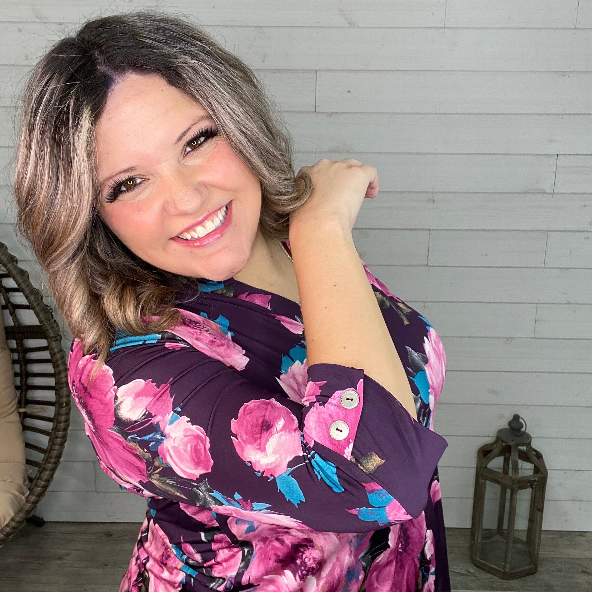 "Cari" Floral 3/4 Sleeve with Button Detail