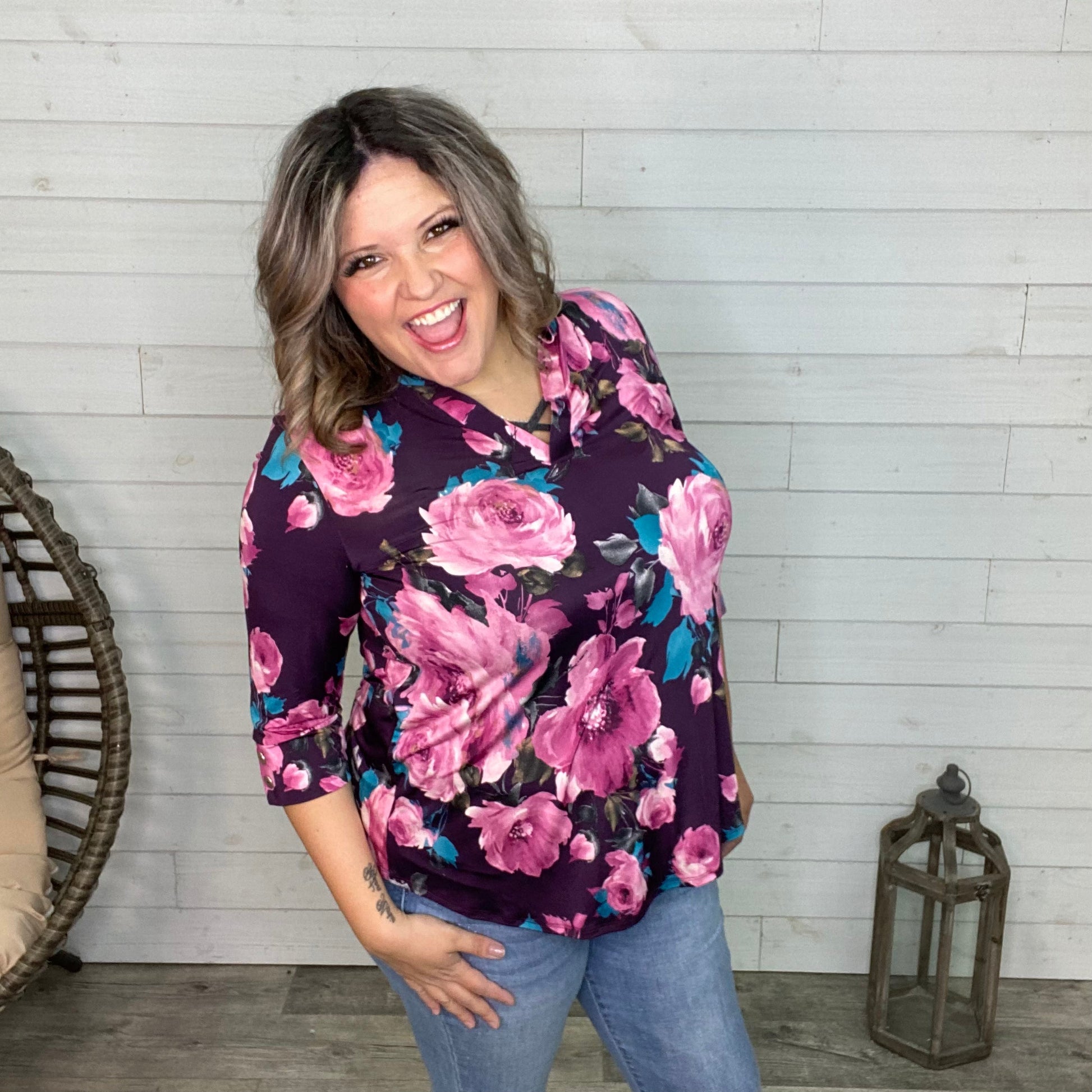 "Cari" Floral 3/4 Sleeve with Button Detail