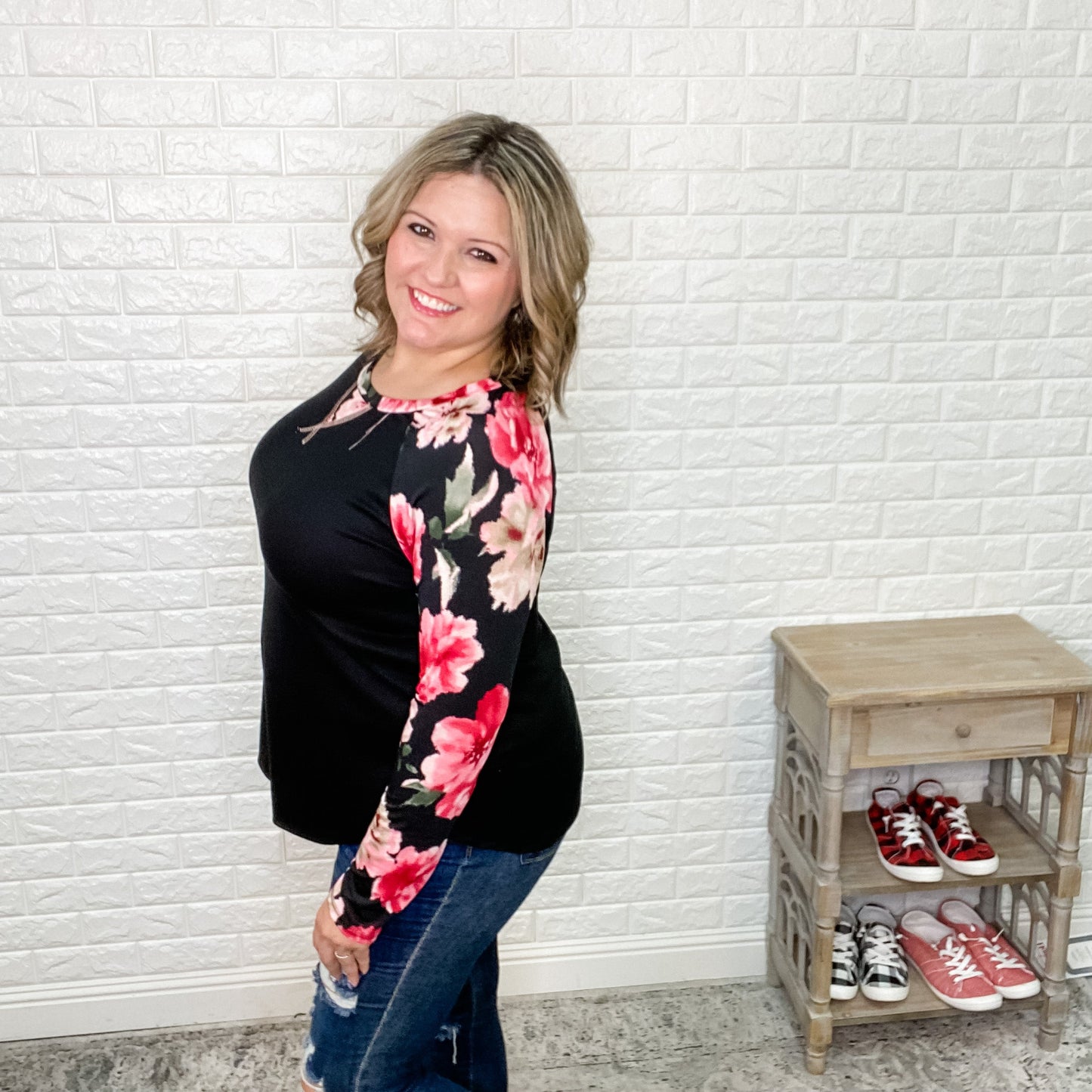 "Catalina" Ribbed Solid Body with Floral Long Sleeves