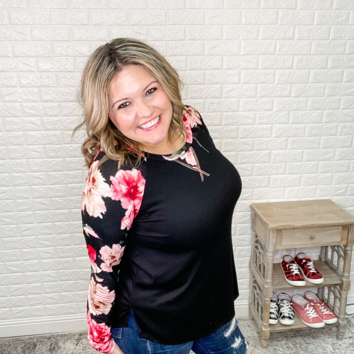 "Catalina" Ribbed Solid Body with Floral Long Sleeves