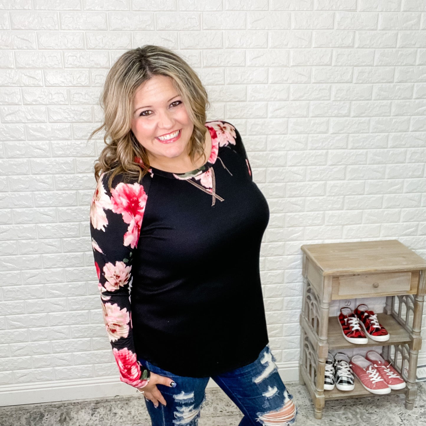 "Catalina" Ribbed Solid Body with Floral Long Sleeves
