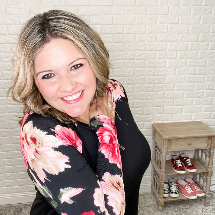 "Catalina" Ribbed Solid Body with Floral Long Sleeves