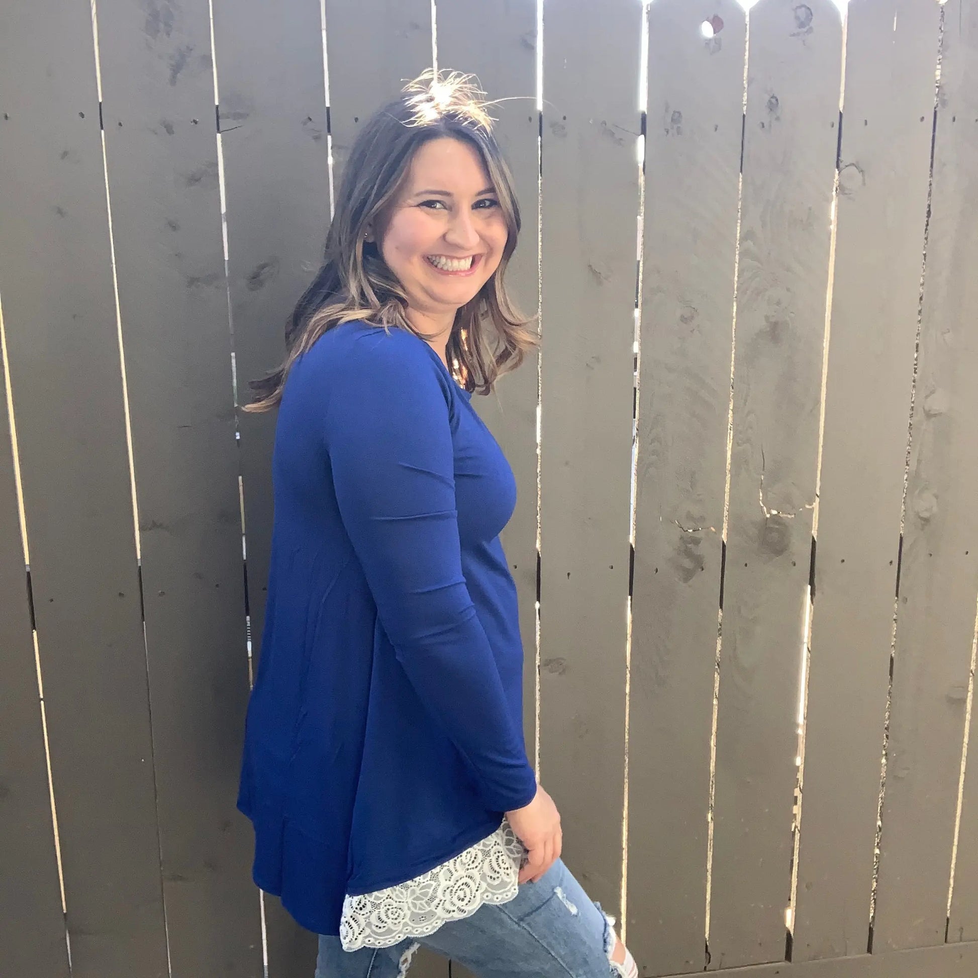 "Charlotte" Long Sleeve Lace Trim Round Neck Top (Navy)