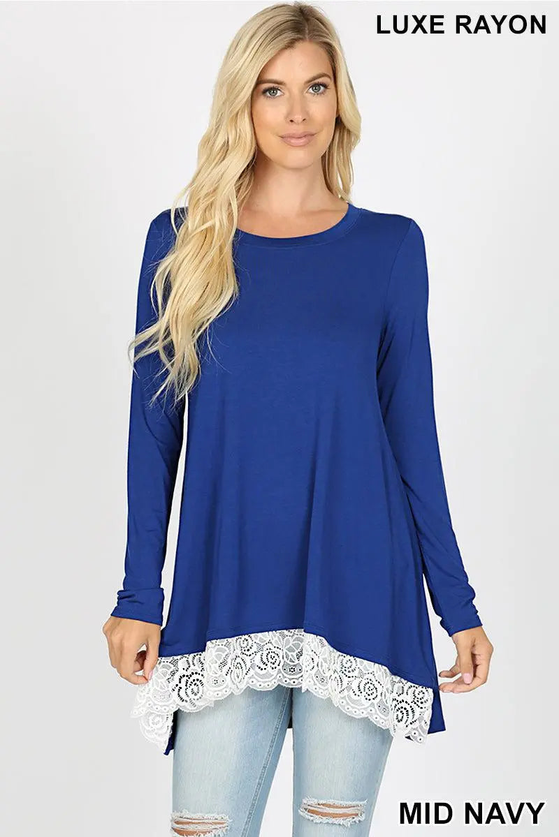 "Charlotte" Long Sleeve Lace Trim Round Neck Top (Navy)