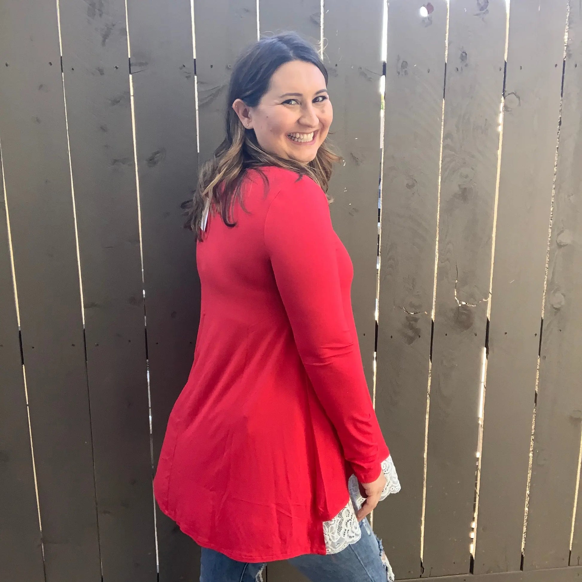 "Charlotte" Long Sleeve Lace Trim Round Neck Top (Ruby)