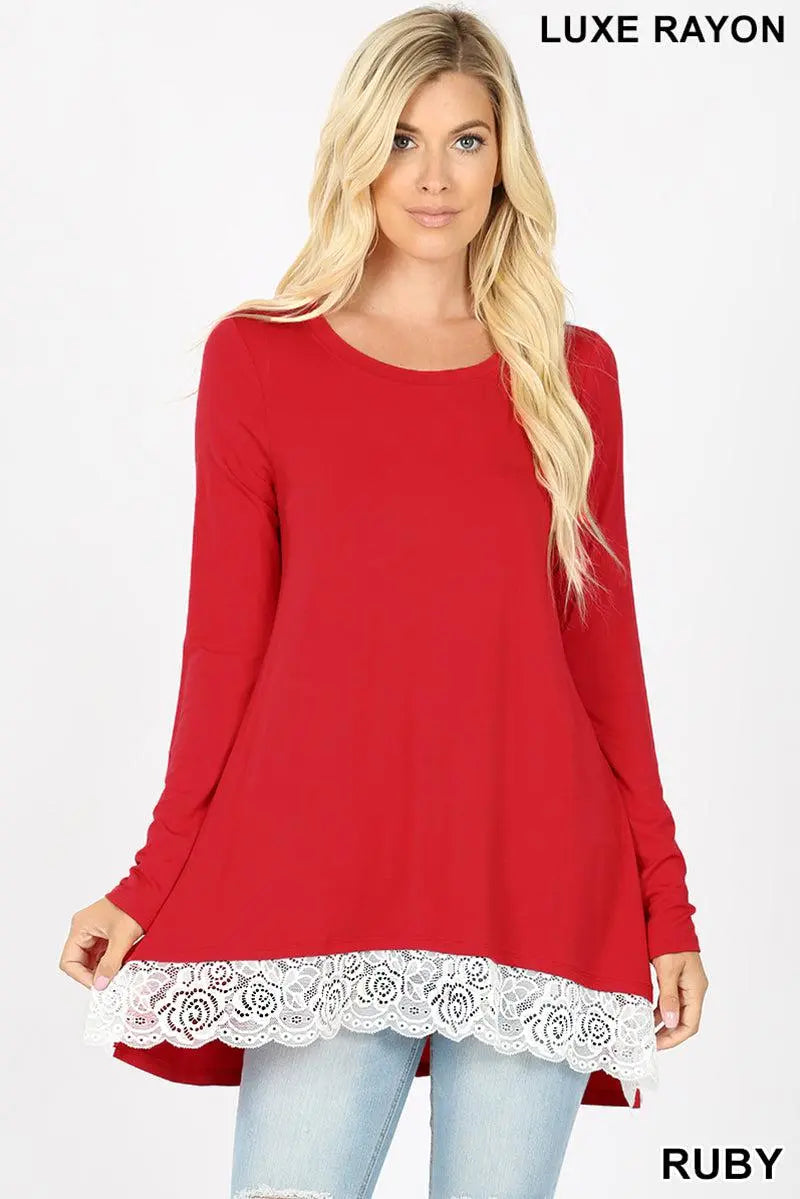 "Charlotte" Long Sleeve Lace Trim Round Neck Top (Ruby)