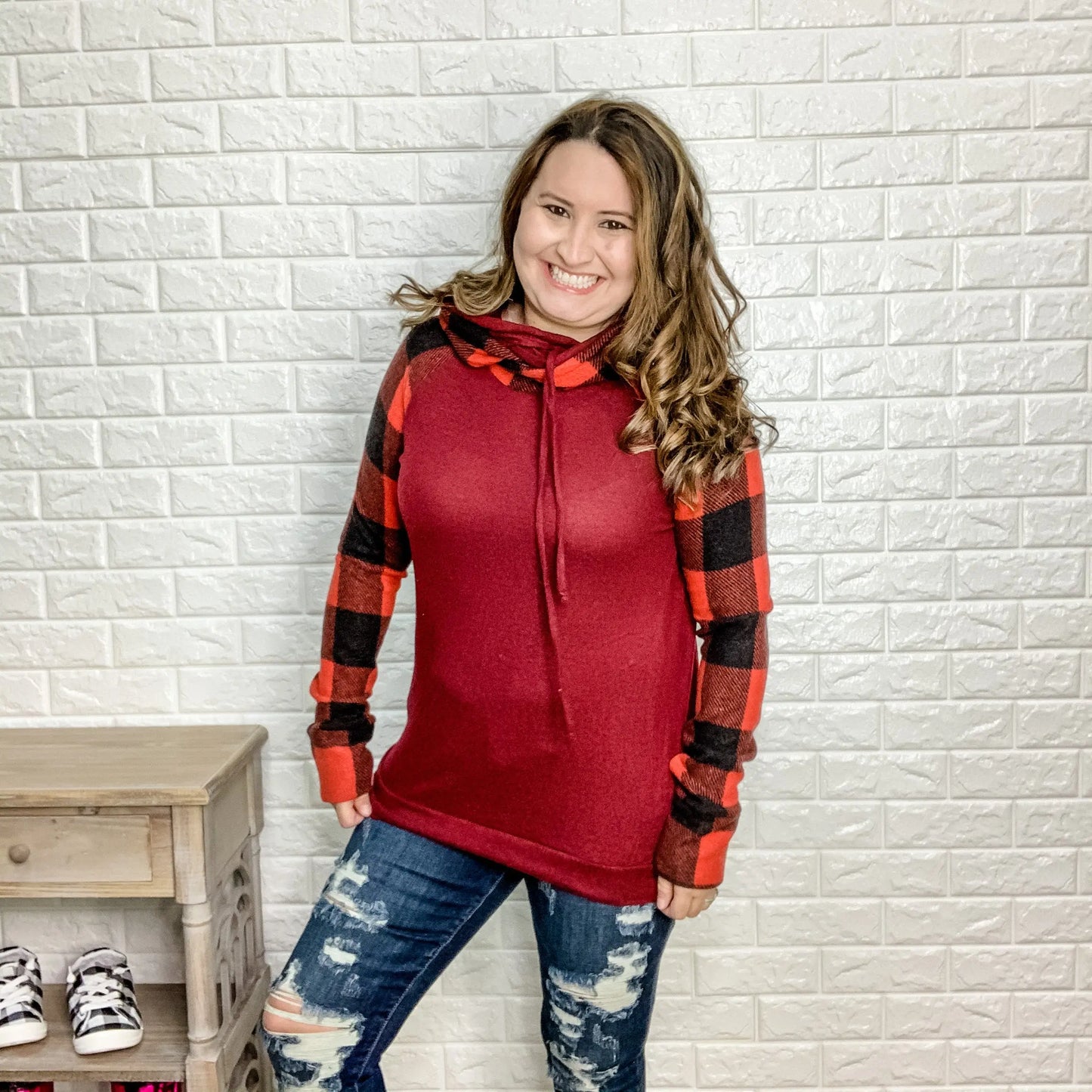 "Check it Out" Plaid Hoodie (Burgundy Body)