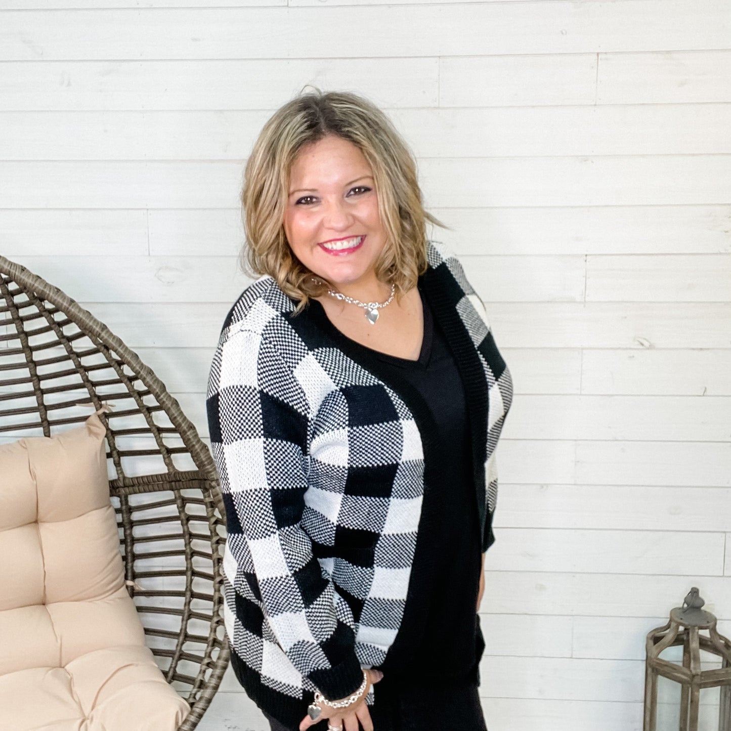 "Checked Out For The Weekend" Black & White Checkered Cardigan