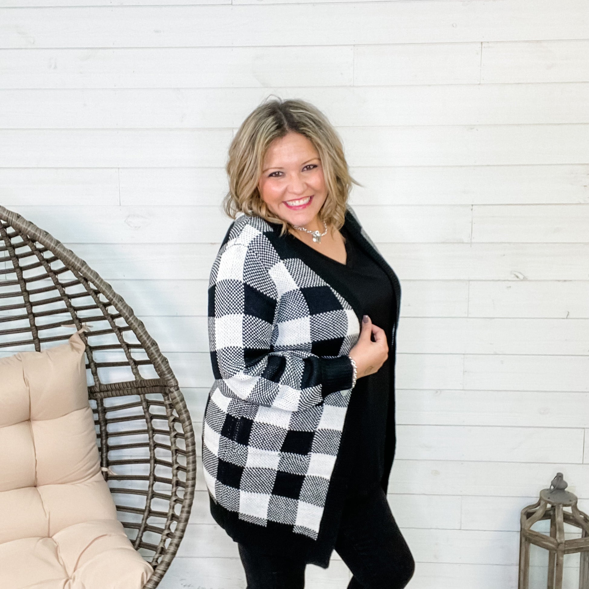 "Checked Out For The Weekend" Black & White Checkered Cardigan