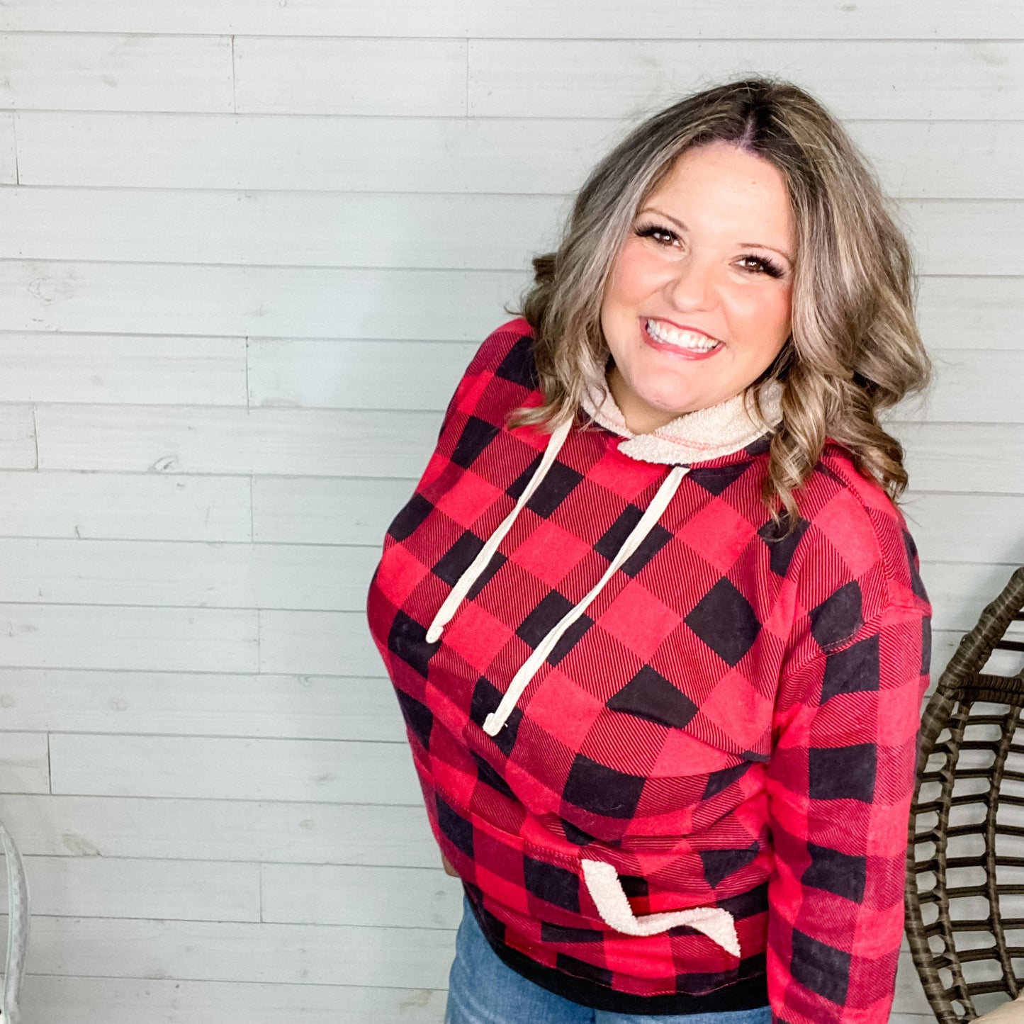 Checkered Sherpa Lined Hoodie (Black and Red)