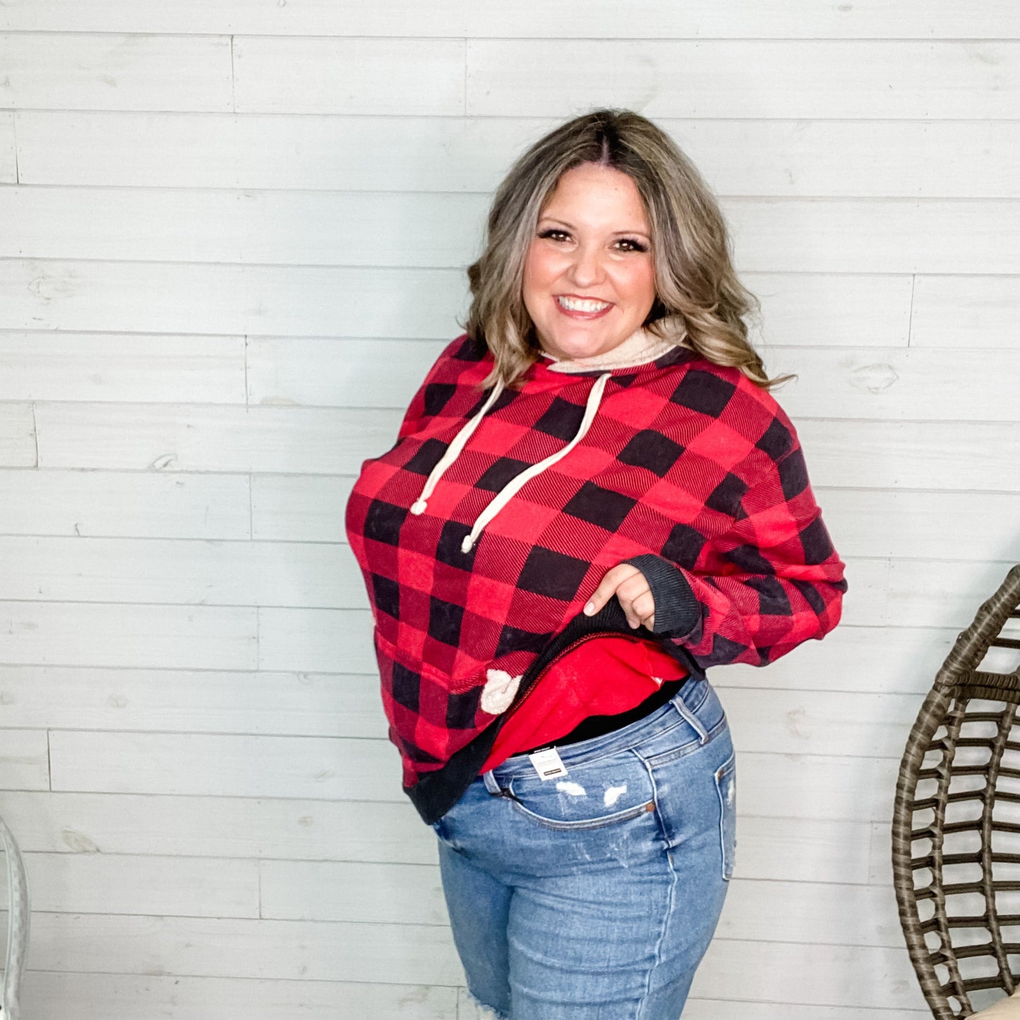 Checkered Sherpa Lined Hoodie (Black and Red)