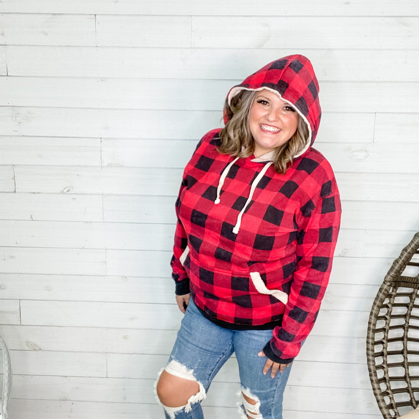 Checkered Sherpa Lined Hoodie (Black and Red)