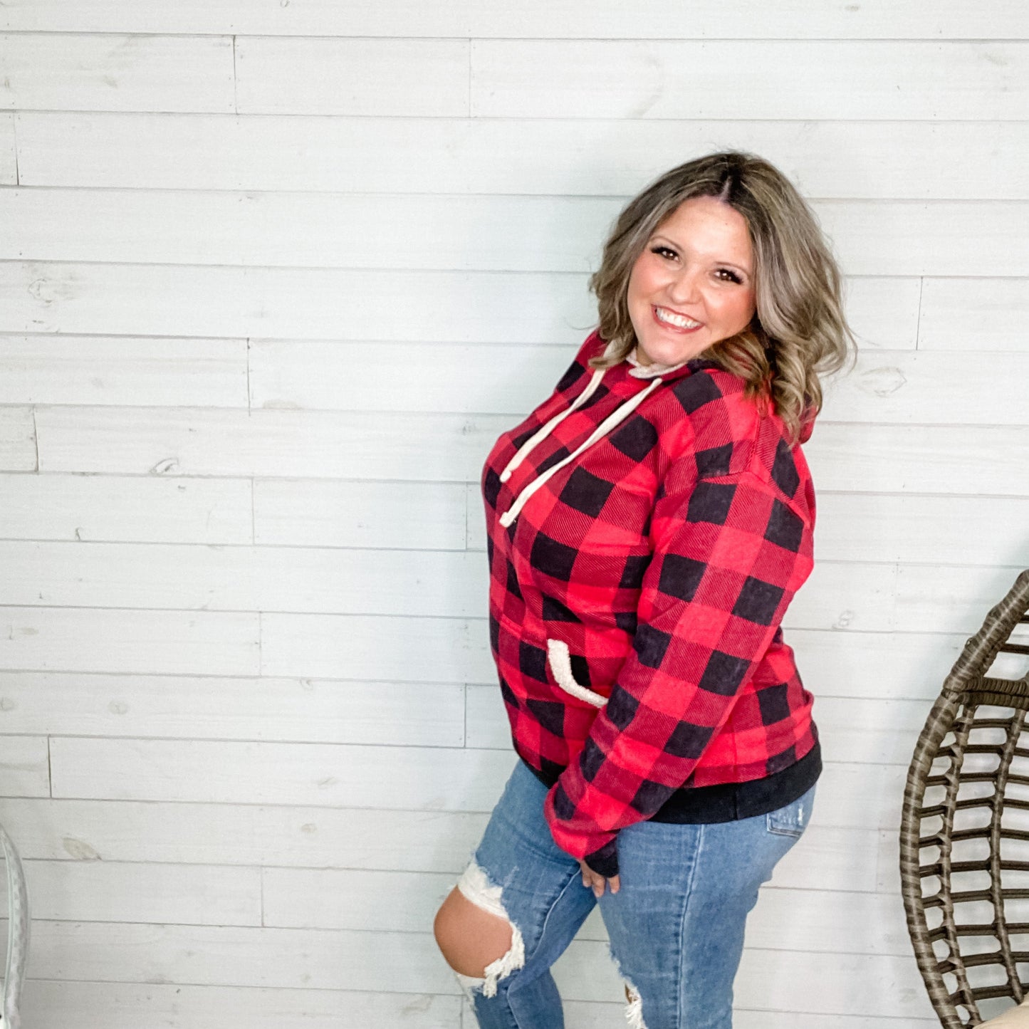 Checkered Sherpa Lined Hoodie (Black and Red)